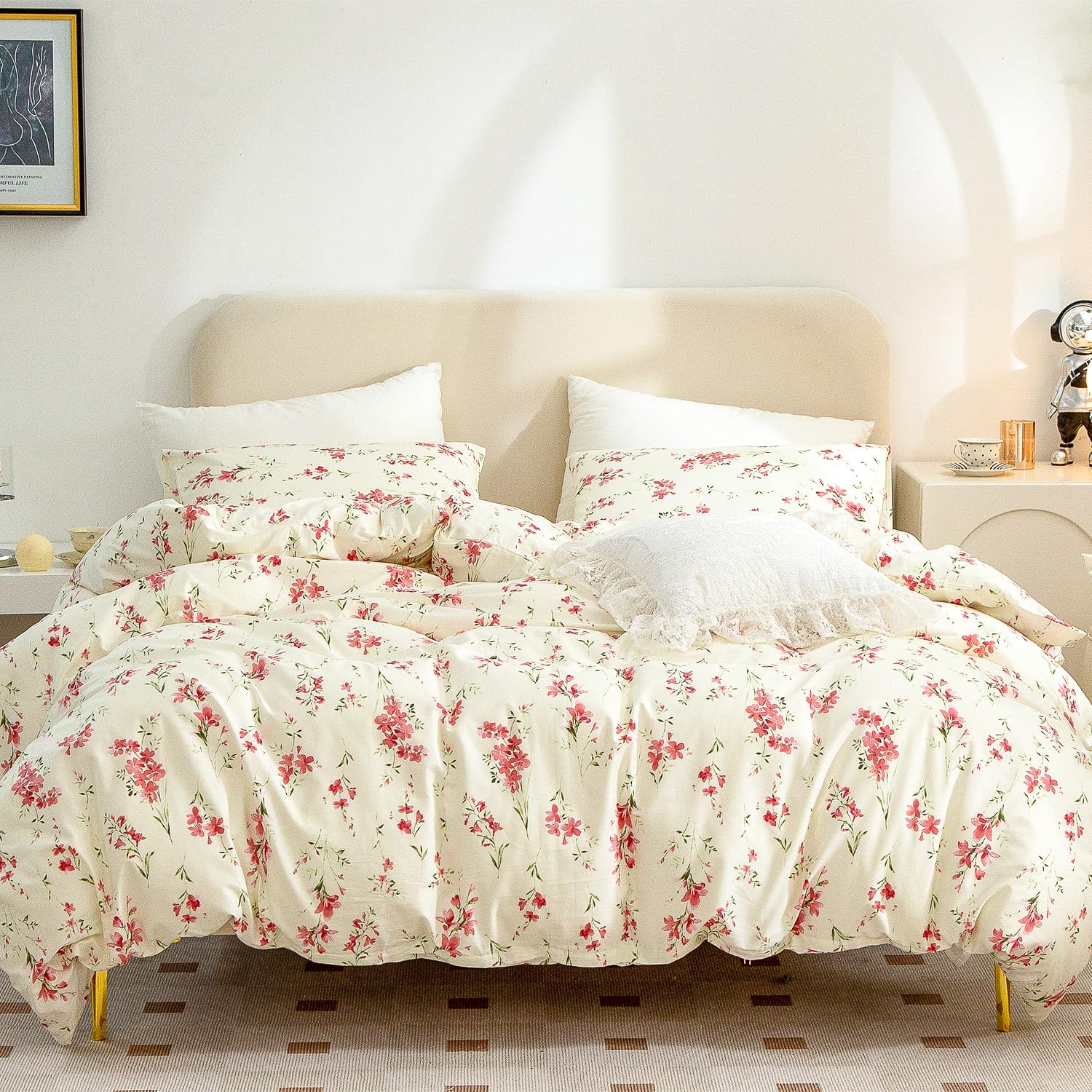 Queen Duvet Cover Floral, Brushed Microfiber 3 Pieces Floral Queen Bedding Set, Garden Style Flower Pattern Floral Duvet Set Que