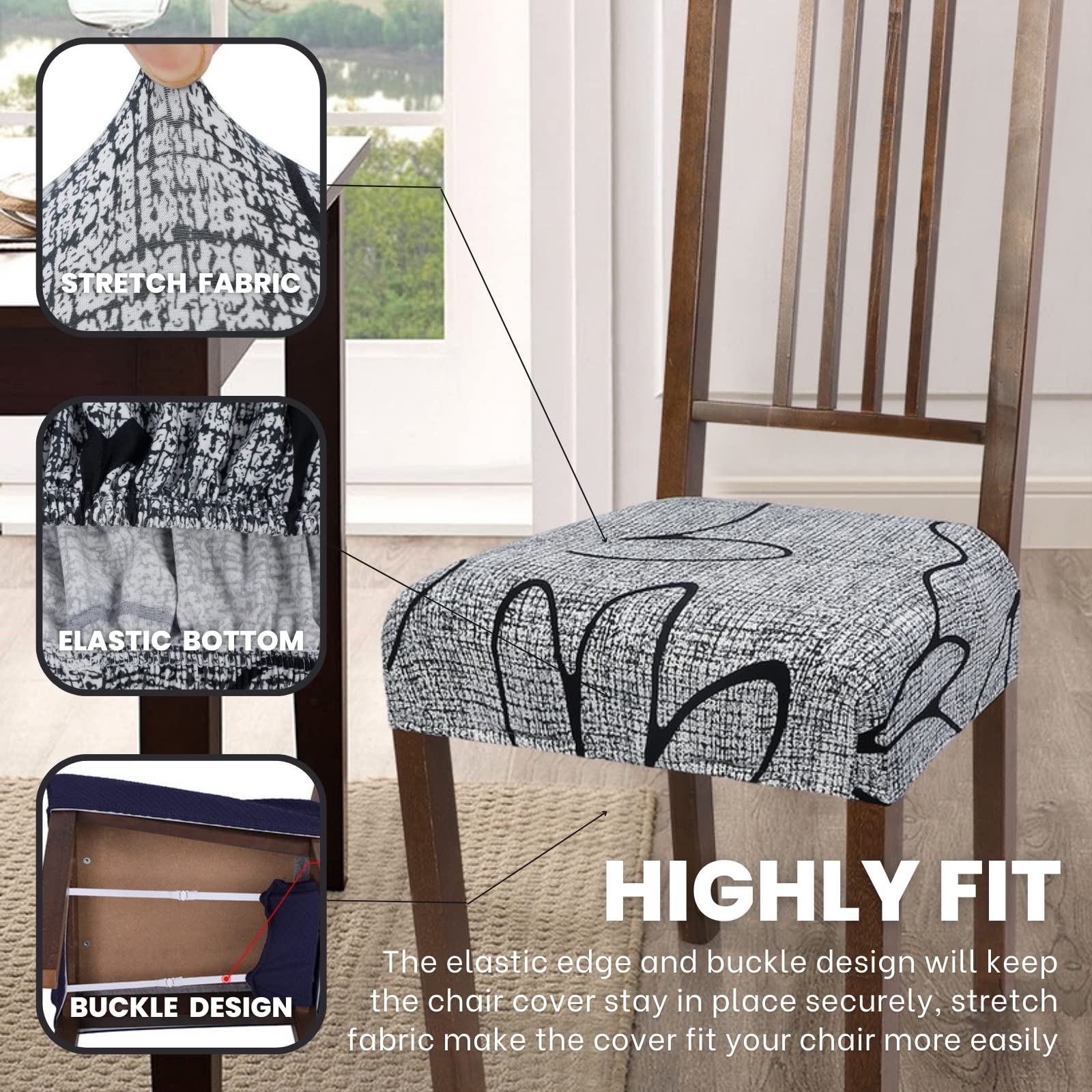 Searchi Stretch Dining Chair Seat Covers Set Of 4, Soft Removable Washable Seat Covers For Dining Chairs, Dining Room Seat Cover Protector (Rear-Covered, Grey Lotus)