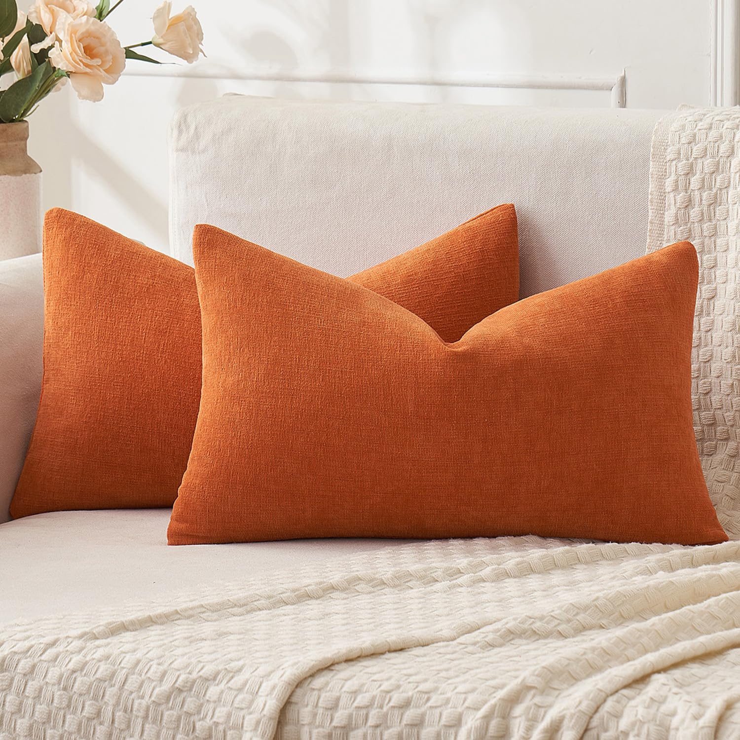 Miulee Orange Couch Pillow Covers 12X20 Inch, Set Of 2 Soft Chenille Decorative Lumbar Throw Pillow Covers Farmhouse For Sofa Living Room Bed
