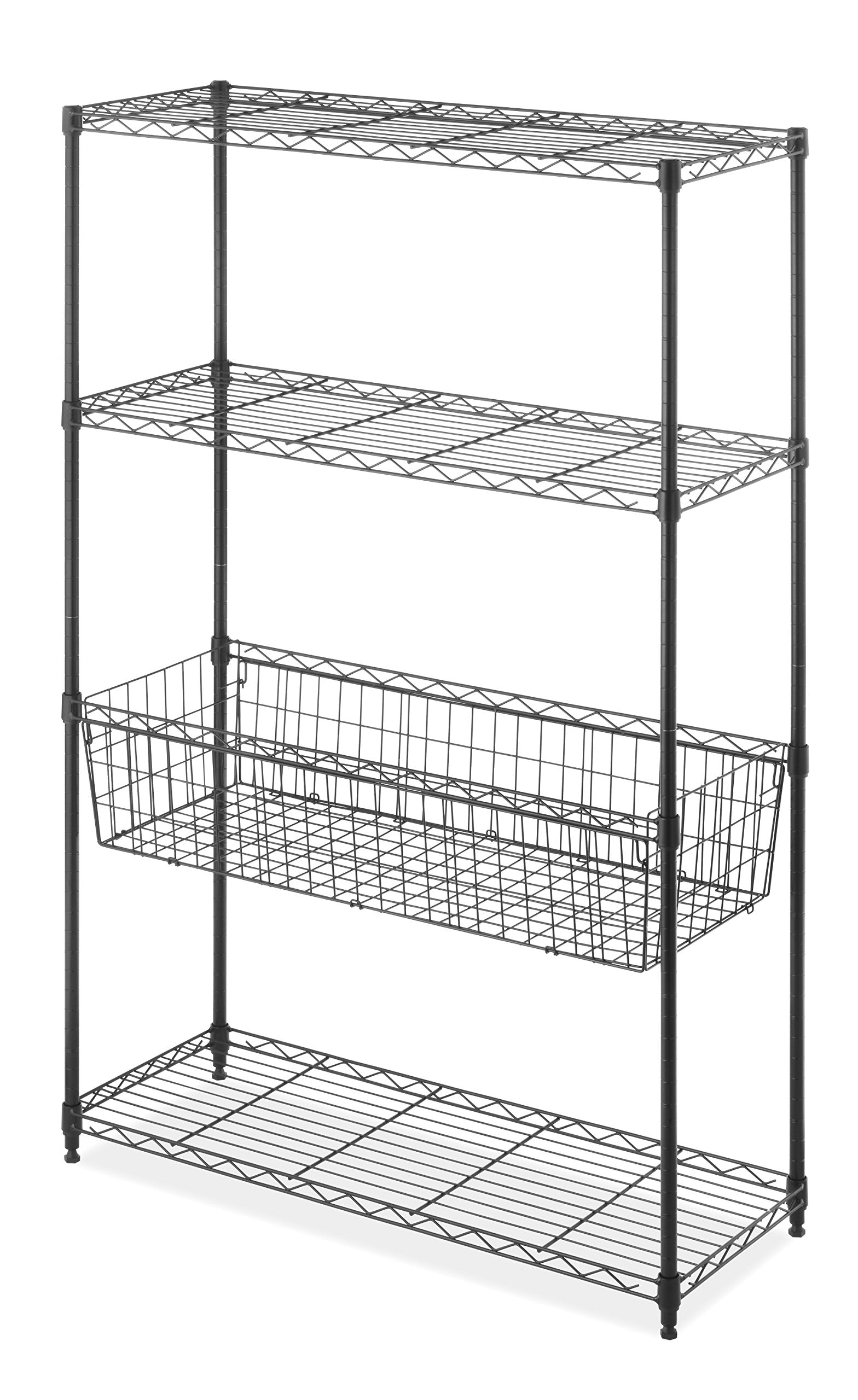 Whitmor 4-Wire Shelving Unit, Metal Storage Shelves with Basket, Easy Assembly Home Organizer for Pantry, Kitchen, Garage, Plant