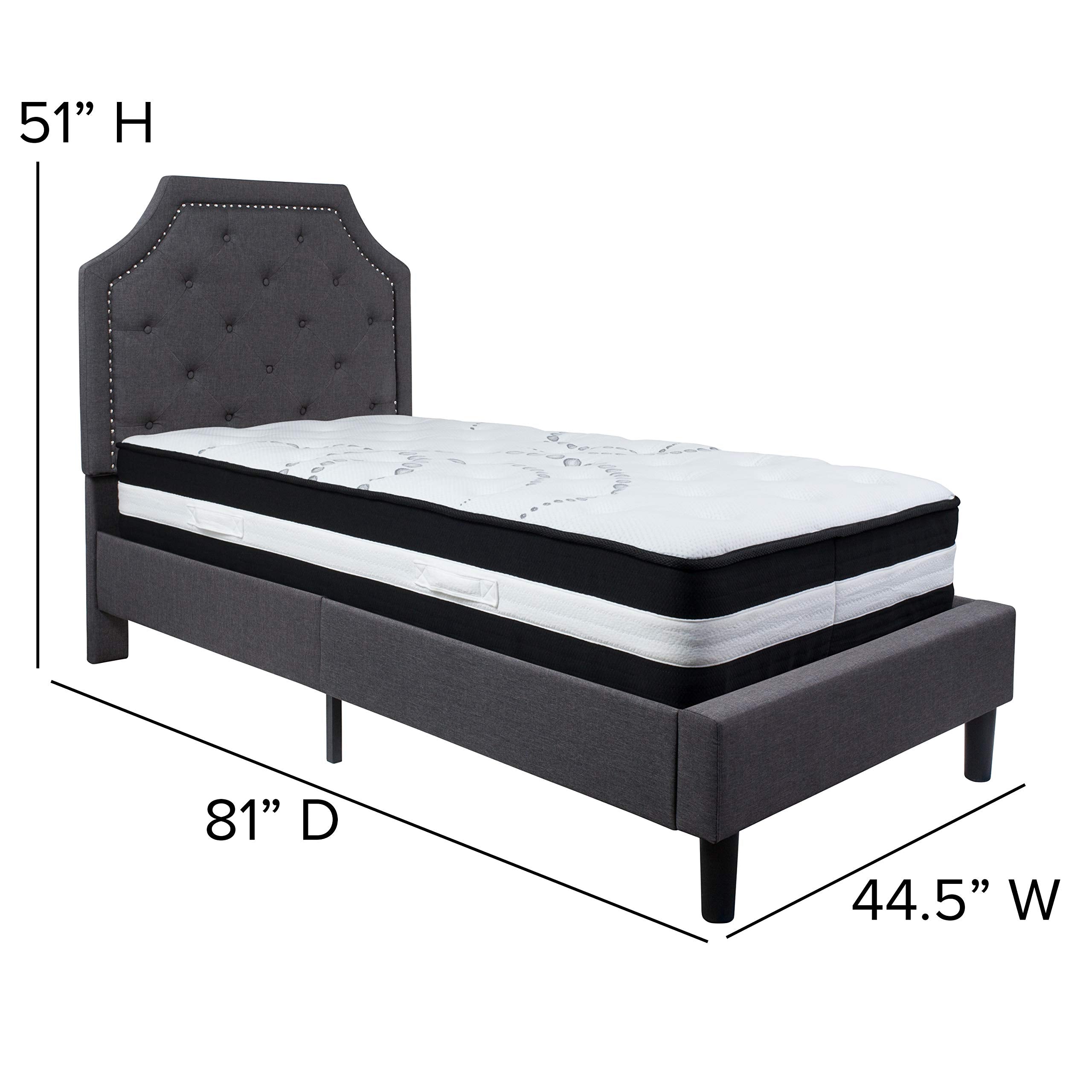 Flash Furniture Brighton Twin Size Tufted Upholstered Platform Bed In Dark Gray Fabric With Pocket Spring Mattress