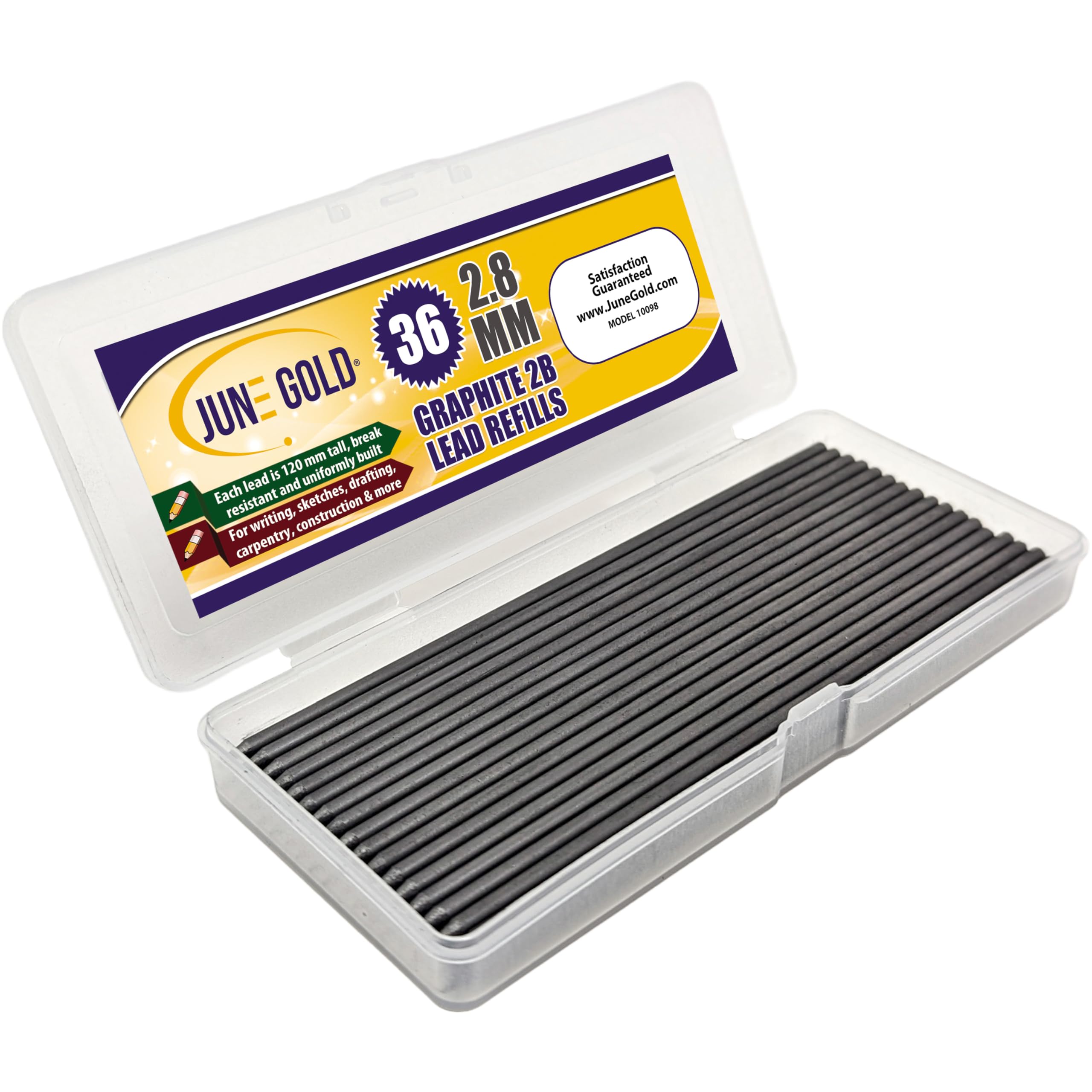 June Gold 36 Pieces, 2.8 Mm 2B Lead Refills, 120 Mm Length, Long Reach/Deep Hole/Long Nose