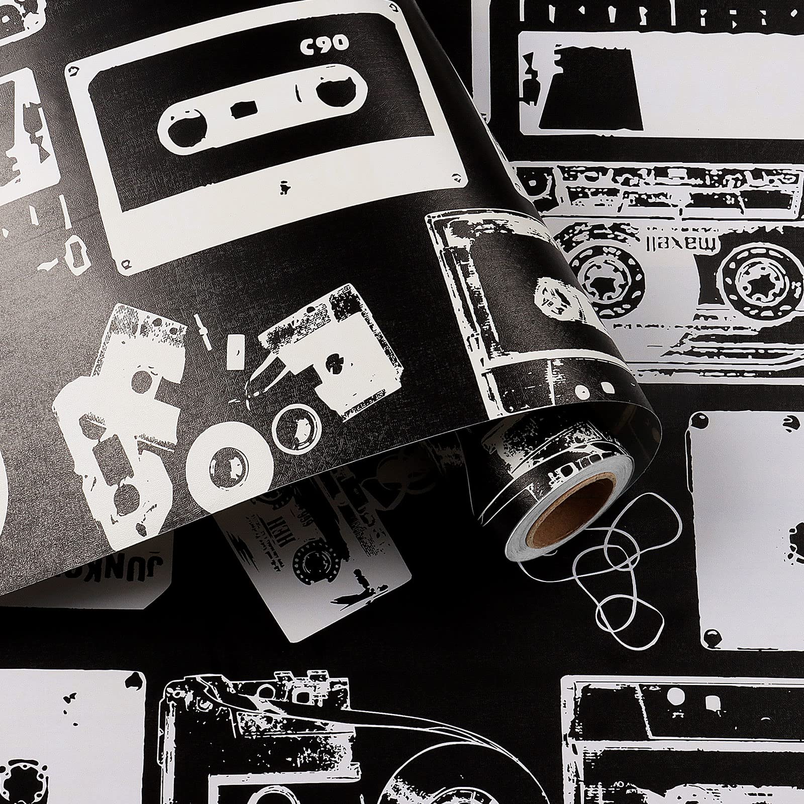 HelloWall 17.71x 315 Black and White Wallpaper Removable Wallpaper Stick and Peel Vintage Video Cassette Tape Wall Paper Sticker