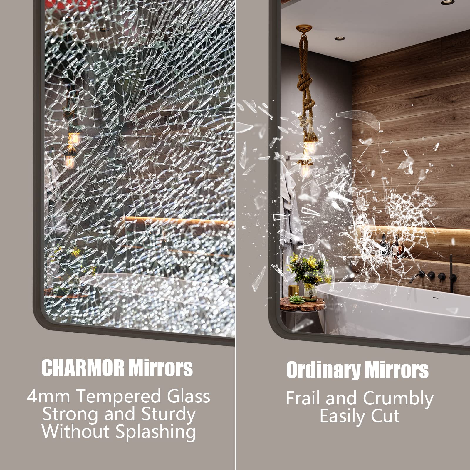 Charmor 48X40 Bronze Bathroom Mirror, Brushed Bronze Metal Frame Mirrors For Wall, Rounded Rectangle Bronze Mirror For Vanity,Fa