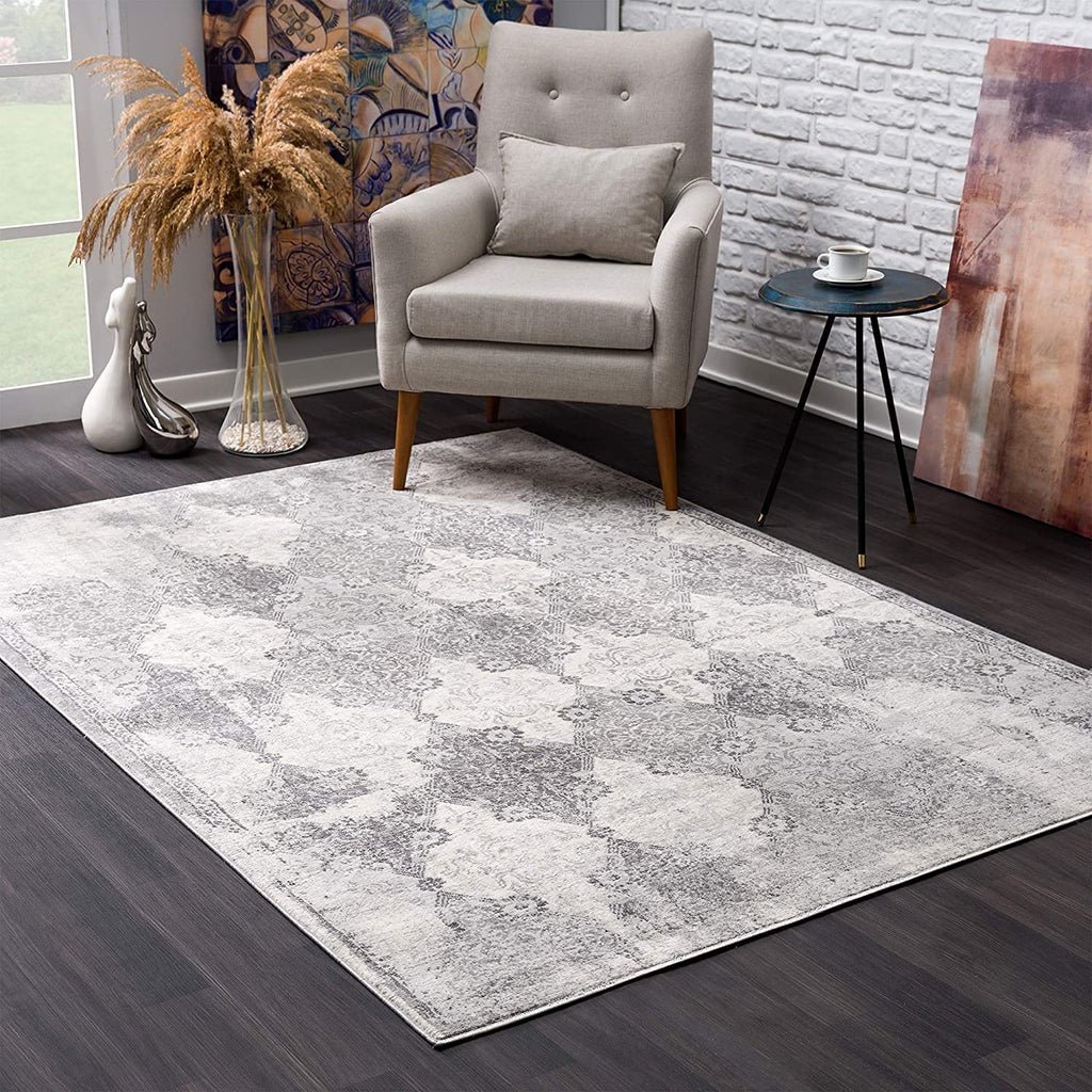 HomeRoots Grey 100% Polypropylene 2’ x 5’ Gray Distressed Trellis Pattern Area Rug