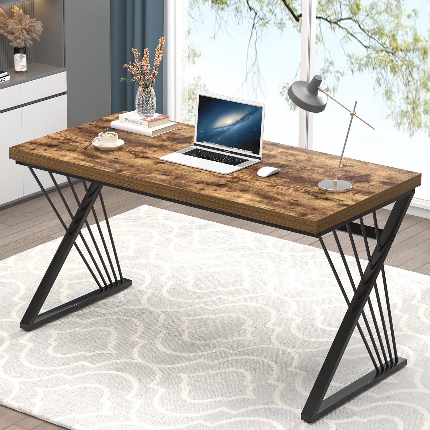 FOLUBAN Home Office Desk, Modern Wood and Metal Computer Desk, Simple Writing Work PC Desks for Bedroom, Industrial Study Gaming