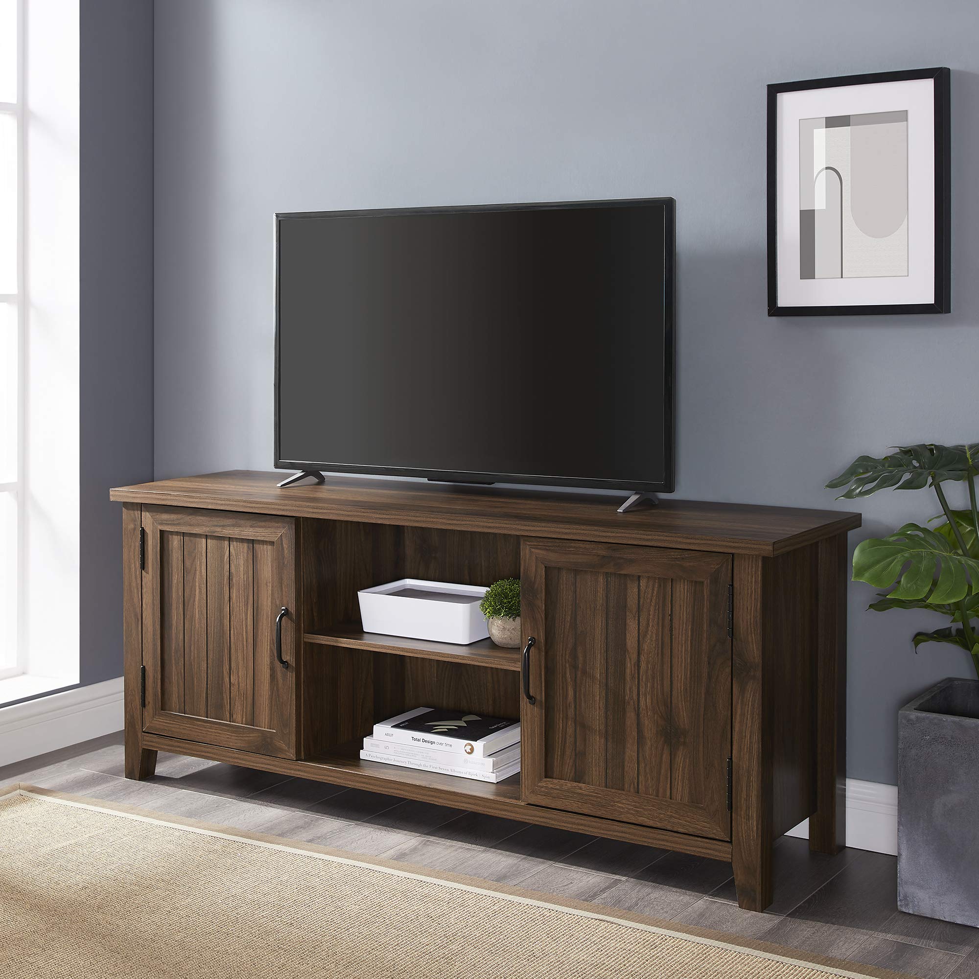 Walker Edison Buren Classic Grooved Door Tv Stand For Tvs Up To 65 Inches, 58 Inch, Walnut