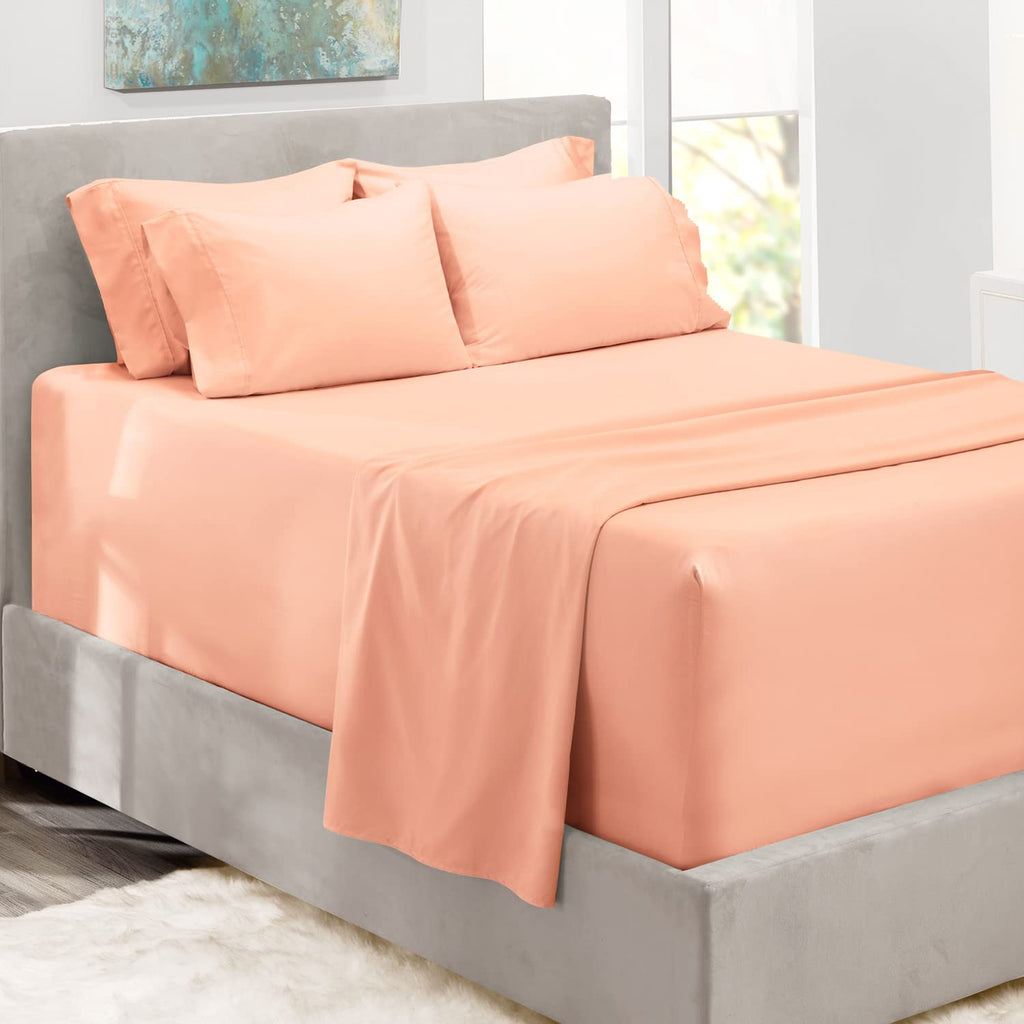 Hearth & Harbor Bed Linen Set - Split King Size Sheet Set, 6Pc, Extra Deep Pocket, Microfiber, Peach