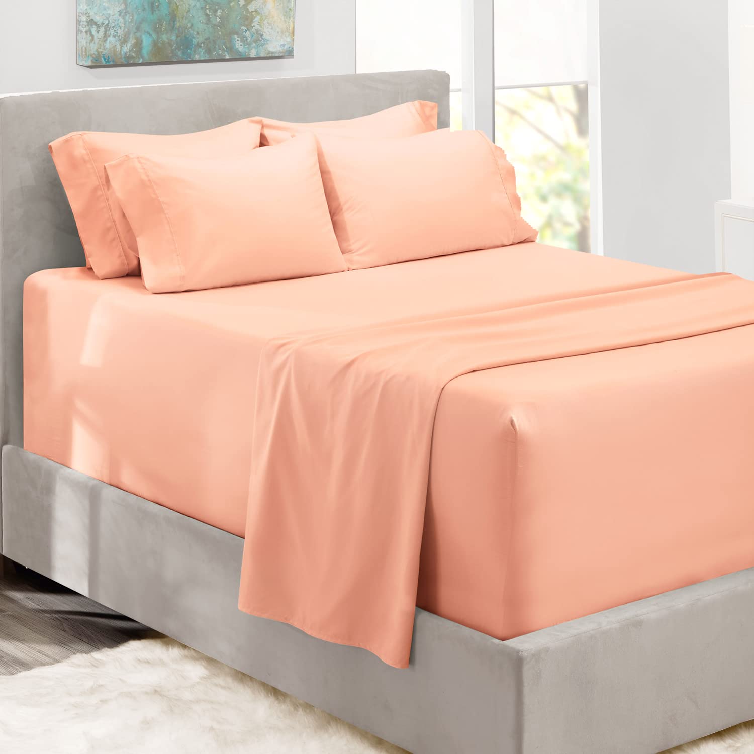 Hearth & Harbor Bed Linen Set - Split King Size Sheet Set, 6Pc, Extra Deep Pocket, Microfiber, Peach