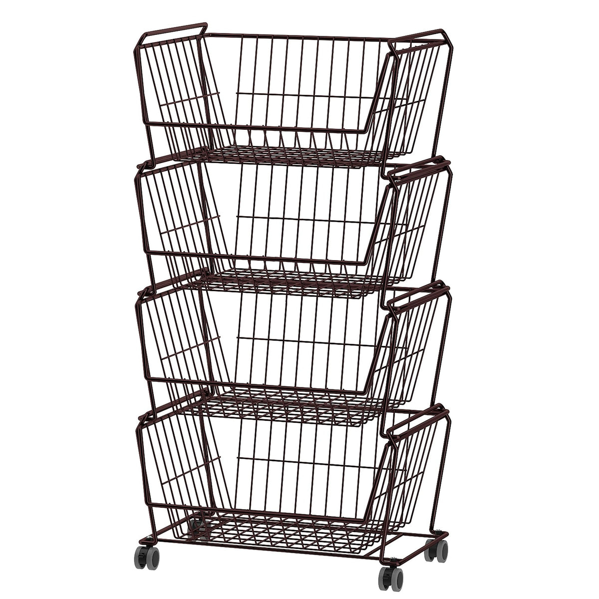 PUSDON 4Tier Large Stackable Wire Storage Baskets with Wheels, Metal Rolling Utility Cart Organizer, Produce Basket for Kitchen
