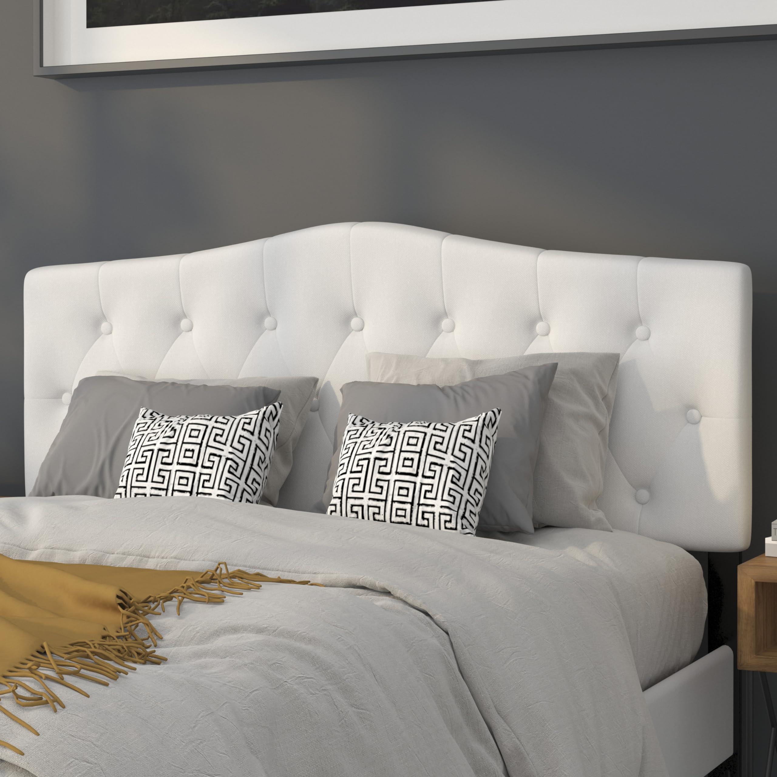 Flash Furniture Cambridge Tufted Upholstered Headboard For Queen Size Bed, Contemporary Fabric Tufted Headboard With Adjustable Height, White