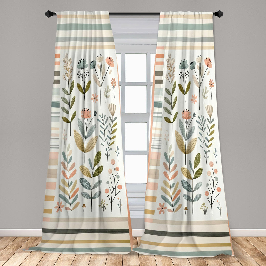 Ambesonne Leafy Art Curtains, Modern Scandi Leaves And Minimalist Flowers With Stripes Pastel Tone, Window Treatments 2 Panel Se