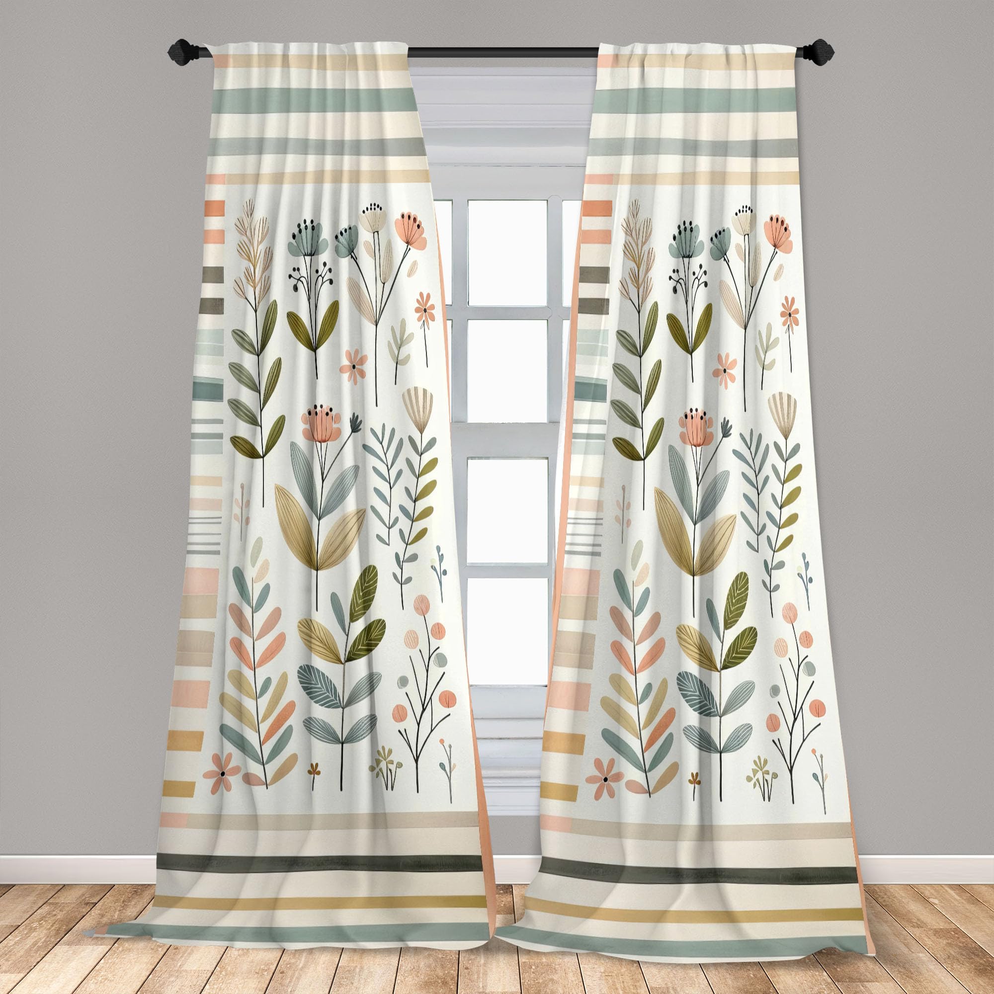 Ambesonne Leafy Art Curtains, Modern Scandi Leaves And Minimalist Flowers With Stripes Pastel Tone, Window Treatments 2 Panel Se