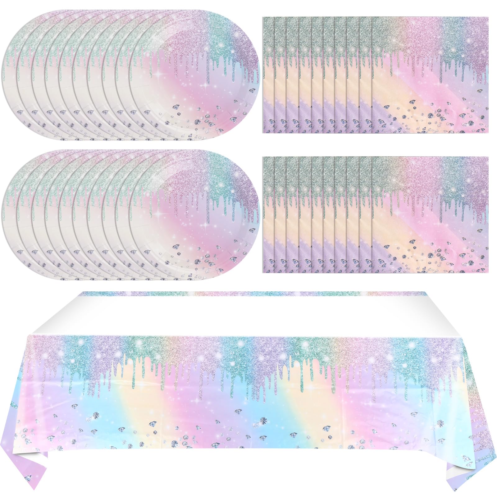 Juhap Iridescent Diamond Birthday Party Supplies Decorations, Disposable Holographic Paper Tableware Includes 20 Plates 20 Napki
