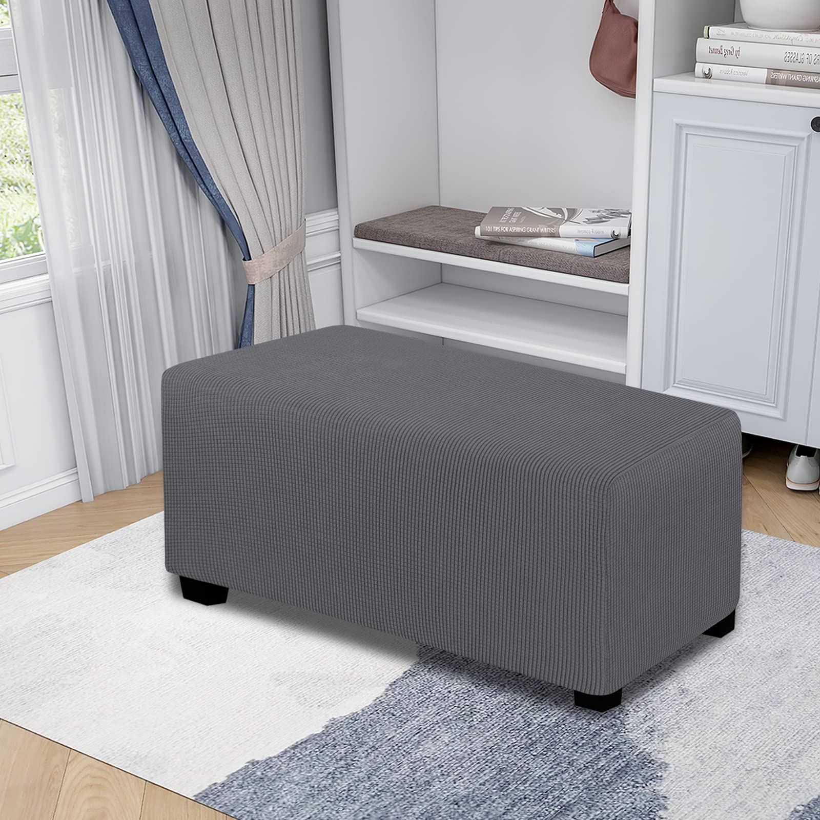 Easy-Going Stretch Ottoman Cover Folding Storage Stool Furniture Protector Soft Rectangle Slipcover With Elastic Bottom(Ottoman Large,Gray)