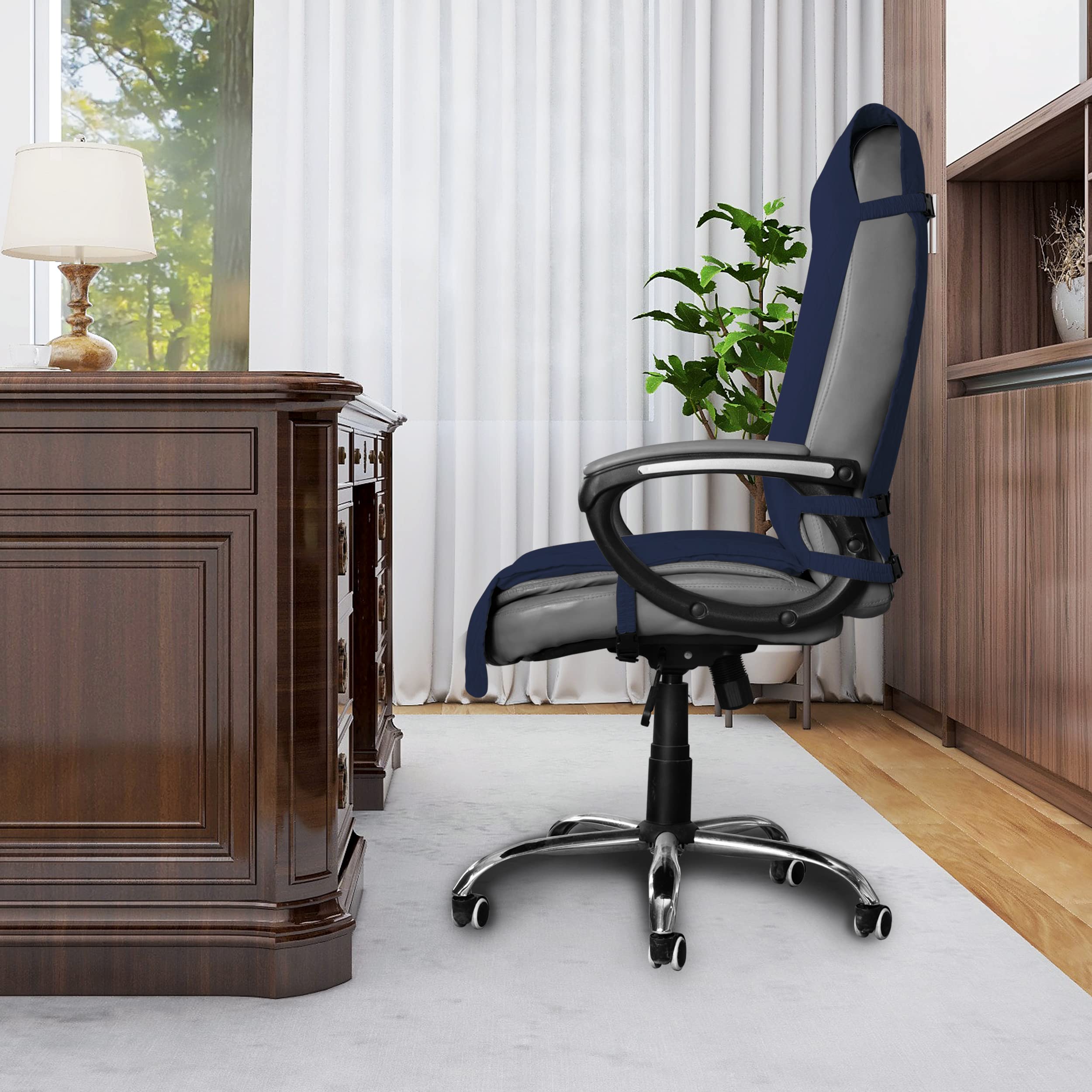 Easy-Going Quilted Microfiber Office Chair Cover With Soft Memory Foam Seat Cushion Water Resistant Desk Computer Chair Slipcover Anti-Slip Chair Protector (Medium, Navy)