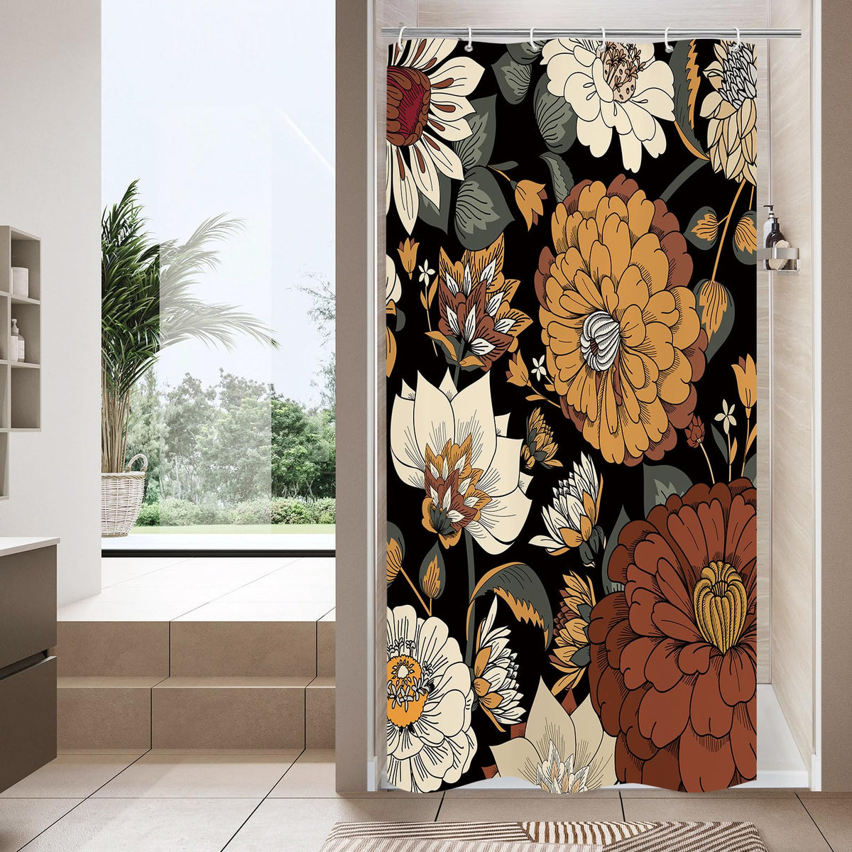 Mitovilla Boho Floral Small Stall Shower Curtain 36 X 72, Abstract Flower Narrow Half Size Chic Shower Curtains For Mid-Century