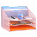 Gawerk Letter Tray Organizer, Mesh Desk File Organizer With 3 Paper Trays And 2 Vertical Upright Section (Pink)