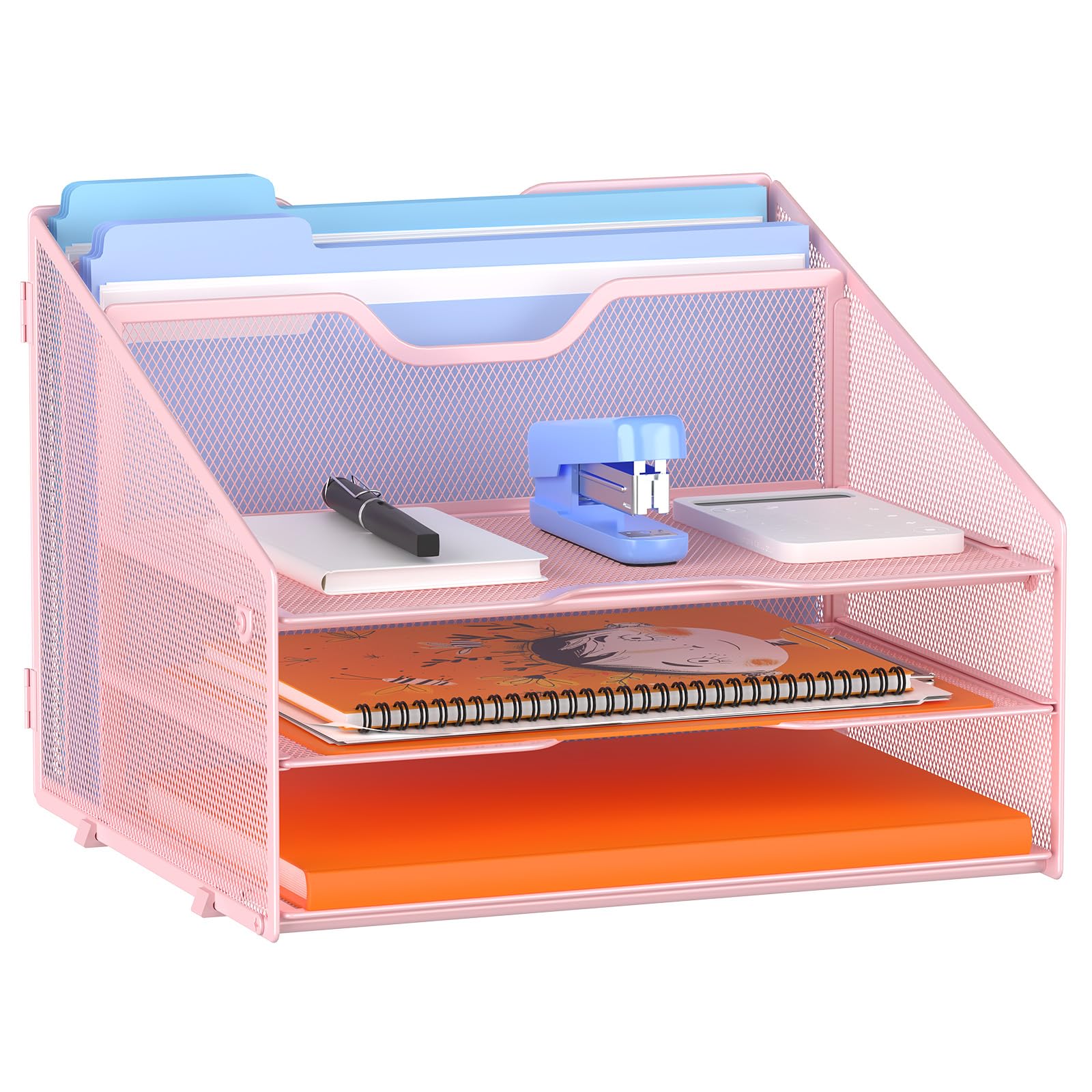 Gawerk Letter Tray Organizer, Mesh Desk File Organizer With 3 Paper Trays And 2 Vertical Upright Section (Pink)
