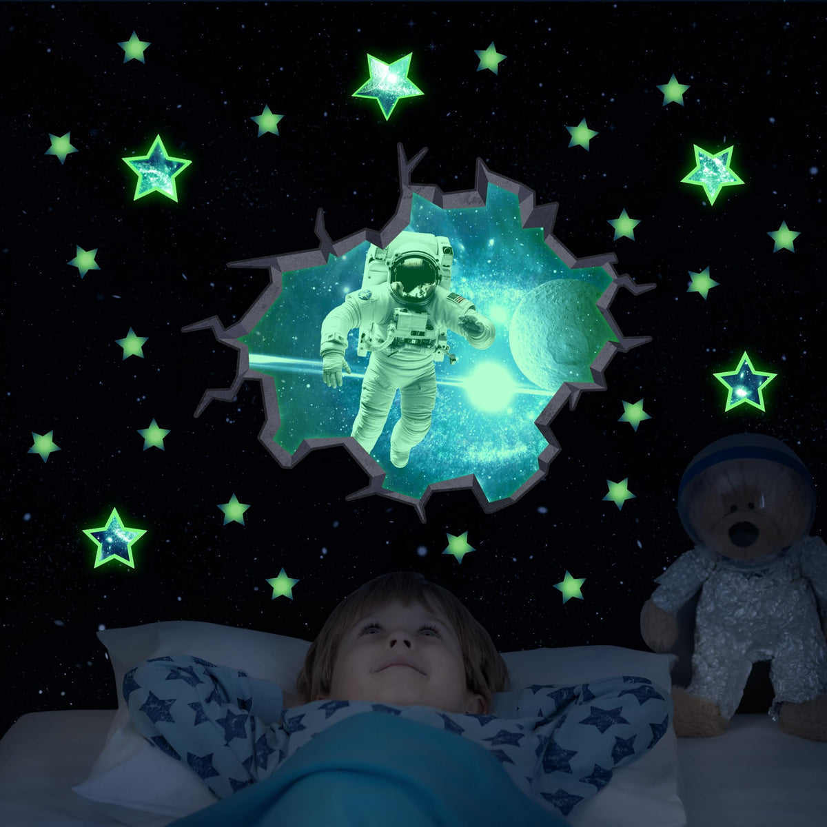 Robmoda Glow in The Dark Space Wall Decals, Peel and Stick Stars and Planets for Ceiling, Galaxy Wall Stickers for Kids Boys Roo