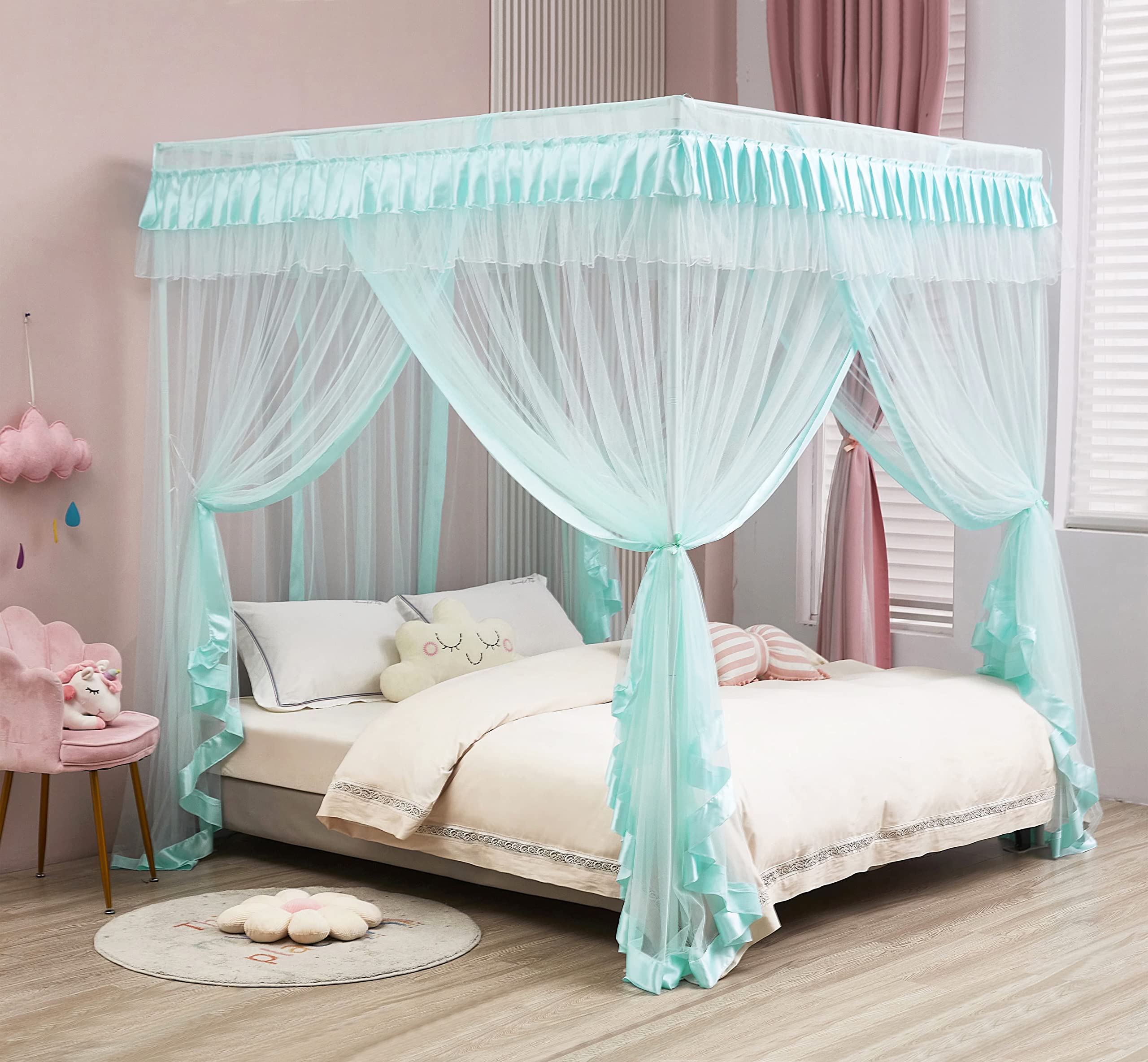 Mengersi 4 Corners Canopy Bed Curtains For Girls Kids Adults - Bed Drapes - 4 Opening Mosquito Net - Cute Princess Bedroom Decor