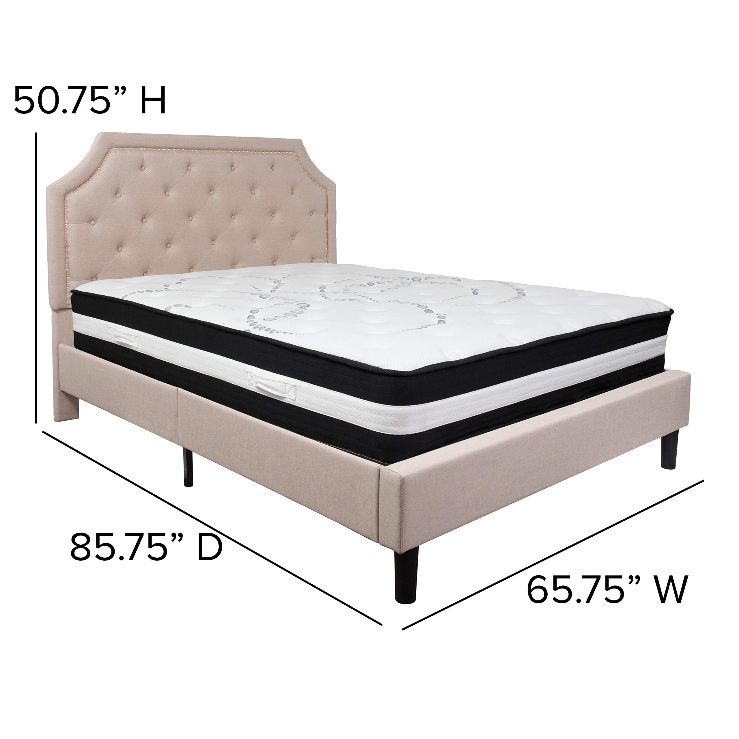 Flash Furniture Brighton Queen Size Tufted Upholstered Platform Bed In Beige Fabric With Pocket Spring Mattress