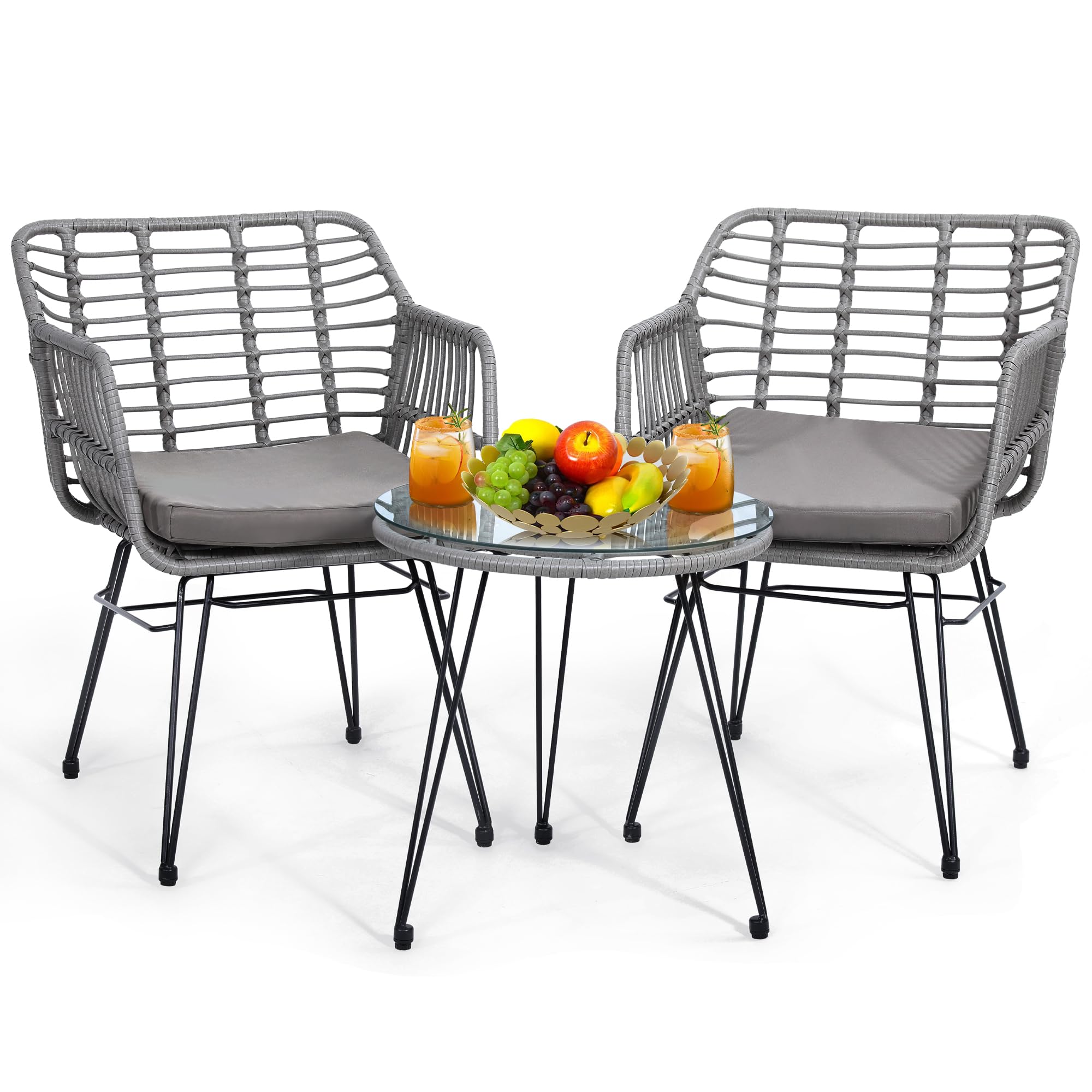 Krofem 3 Piece Wicker Patio Bistro Furniture Set, Includes 2 Rattan Chairs And Glass Top Table, Ideal For Porch, Outdoor, Backyard, Apartment, Balcony, Grey