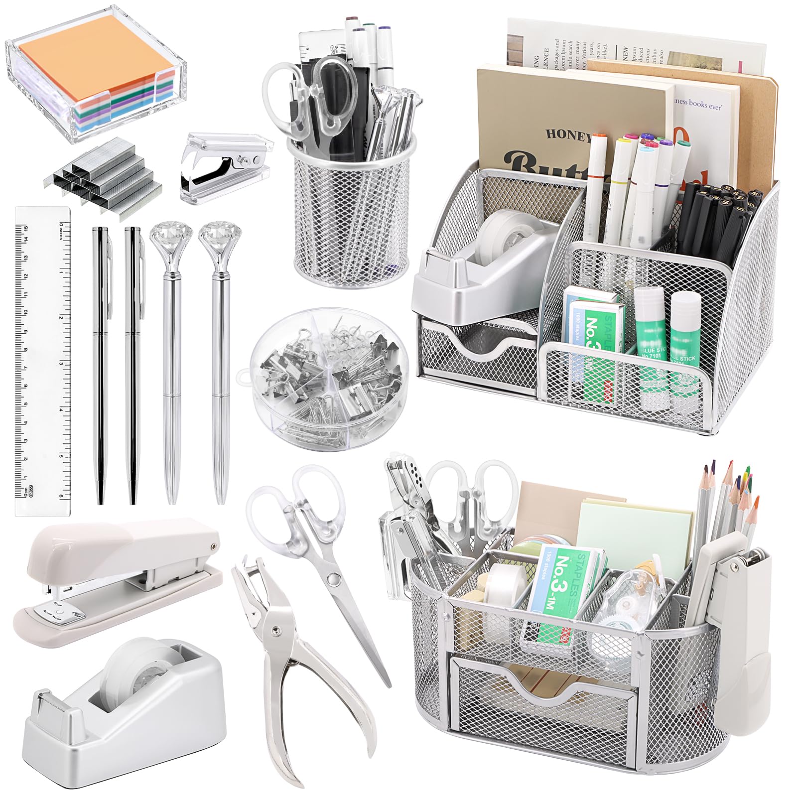 17 In1 Silvery Desk Organizers And Accessories Set, 3 Office Desk Supplies Storage Organization, 4 Pens, Stapler, Staples & Remo