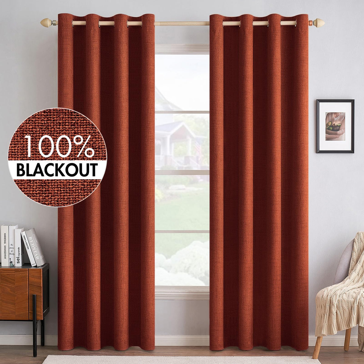 Miulee 100% Blackout Linen Curtains For Bedroom Thermal Insulated Burnt Orange Grommet Room Darkening Curtains & Drapes Rust Ter