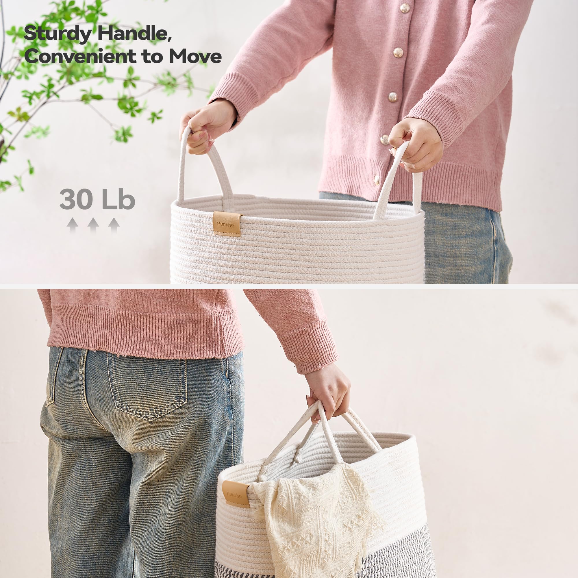 Nunsino 75L Laundry Hamper Basket,Baby Nursery Woven Storage Basket For Toys Bin,Pillows,Blankets,Clothes,Grey&White