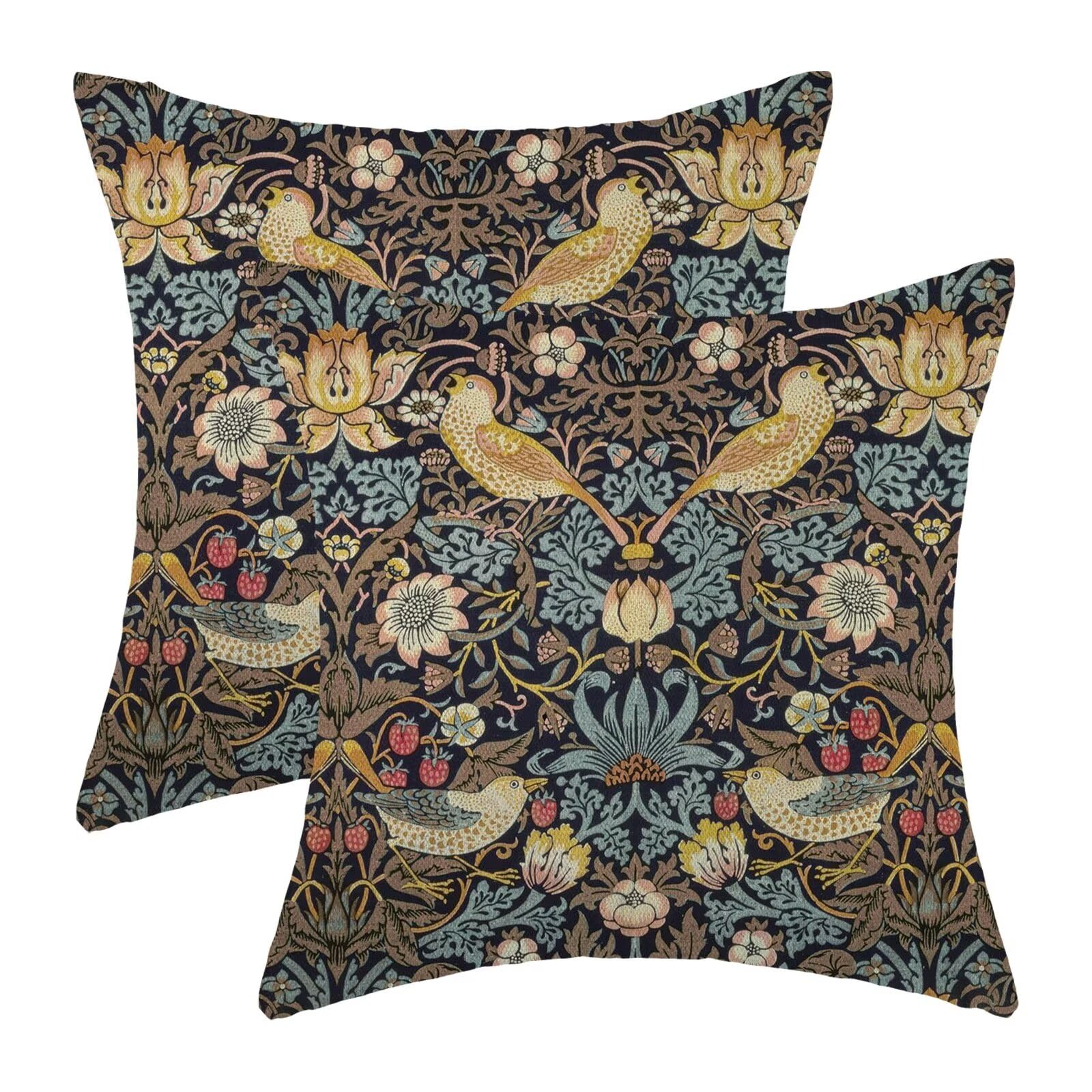 Jecuwo Floral Pillow Covers 18X18 Inch Set Of 2, Brown Light Blue Flower Bird Outdoor Decorative Throw Pillowcase Colourful Vint