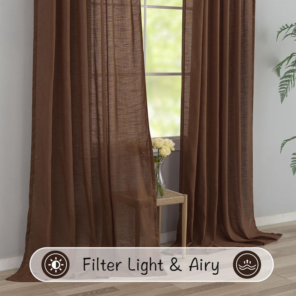 Cocoa Brown Linen Back Tab Curtains 72 Inches Long 2 Panels Set For Guest Room - Modern Country Rod Pocket Semi Sheer Privacy Drapes Hooks Belt Pleated Light Filtering Playroom Curtains