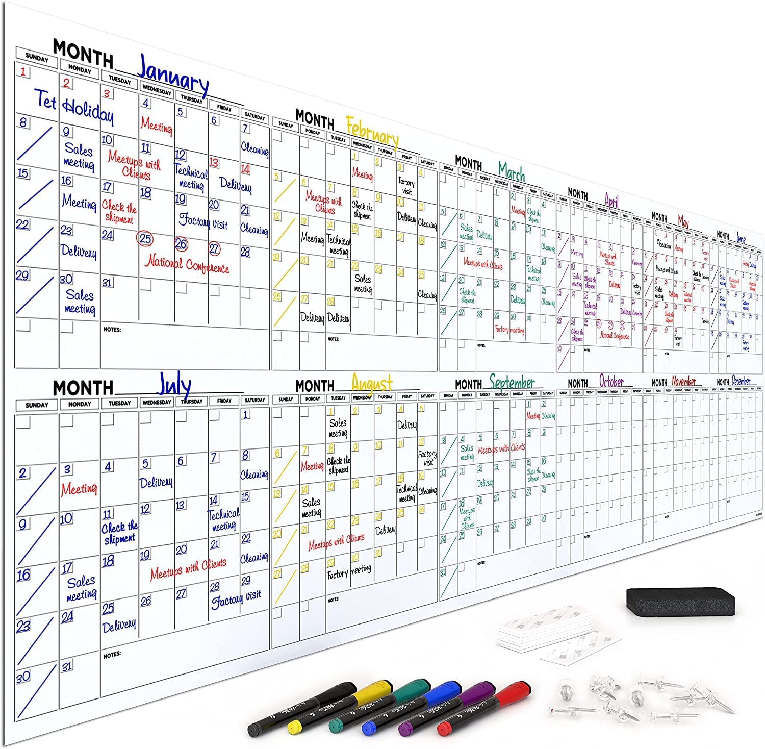 Extra Large 100'X36' White Board Calendar Dry Erase Calendar For Wall 12 Month Planner Big Dry Erase Wall Calendar 2024 Monthl