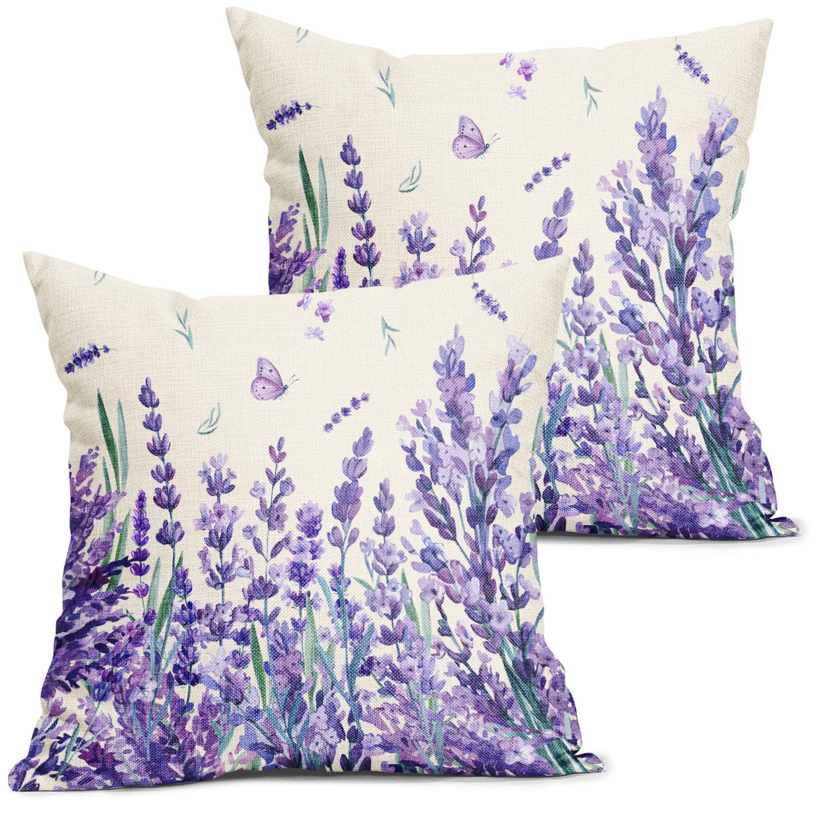 Kawani Spring Summer Floral Pillow Covers 18X18 Inch Purple Lavender Butterfly Flowers Decorative Pillow Cases Set Of 2 Seasonal