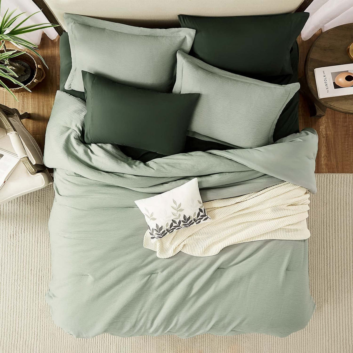 Mair   Ve Sage Green Comforter Set, Comforter Set King Size Crinkle Design, All Season Comfortable King Bedding Set 8 Pieces Wit
