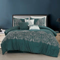 Chezmoi Collection Linz 7-Piece Teal/White Paisley Floral Scroll Embroidered Comforter Set, Queen