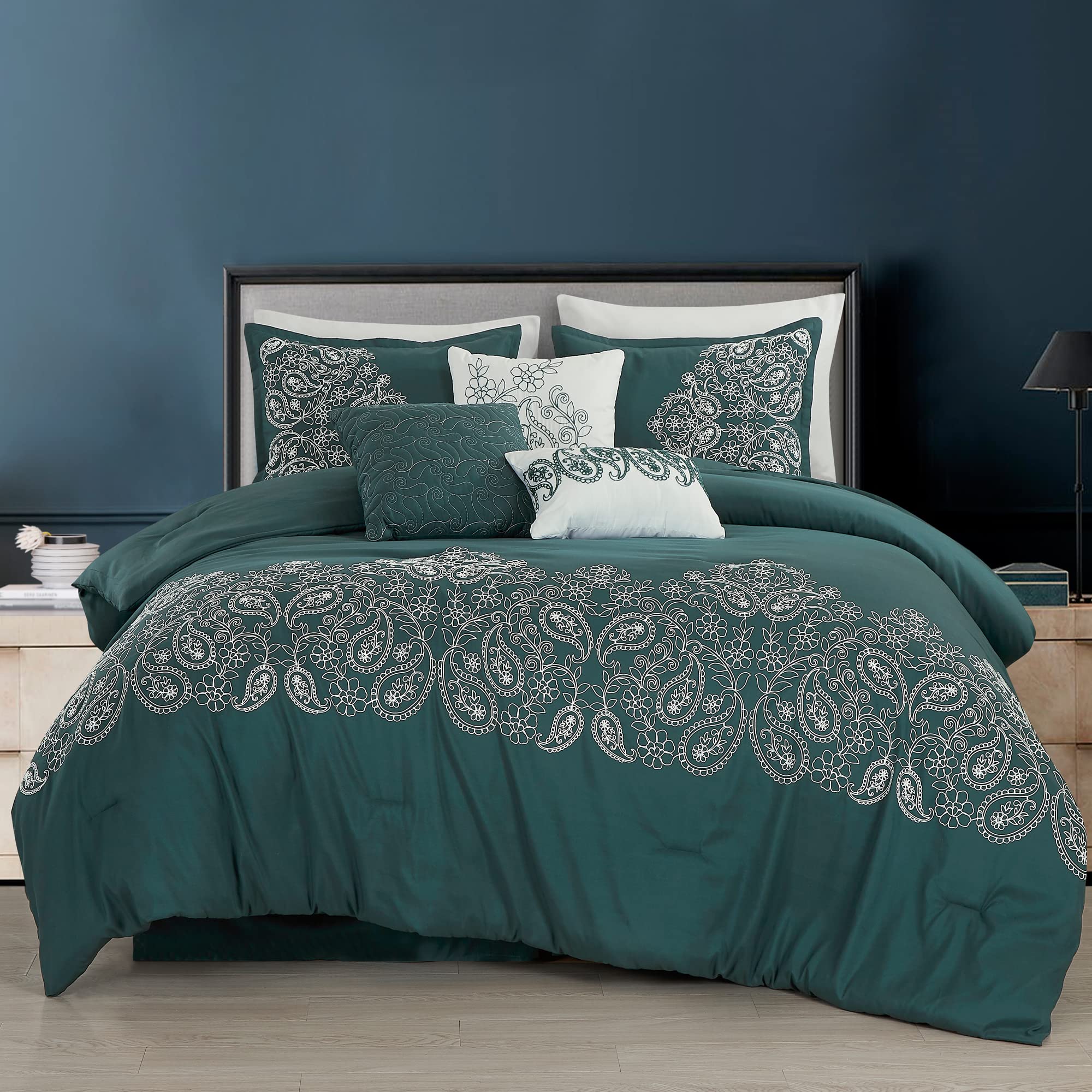 Chezmoi Collection Linz 7-Piece Teal/White Paisley Floral Scroll Embroidered Comforter Set, Queen