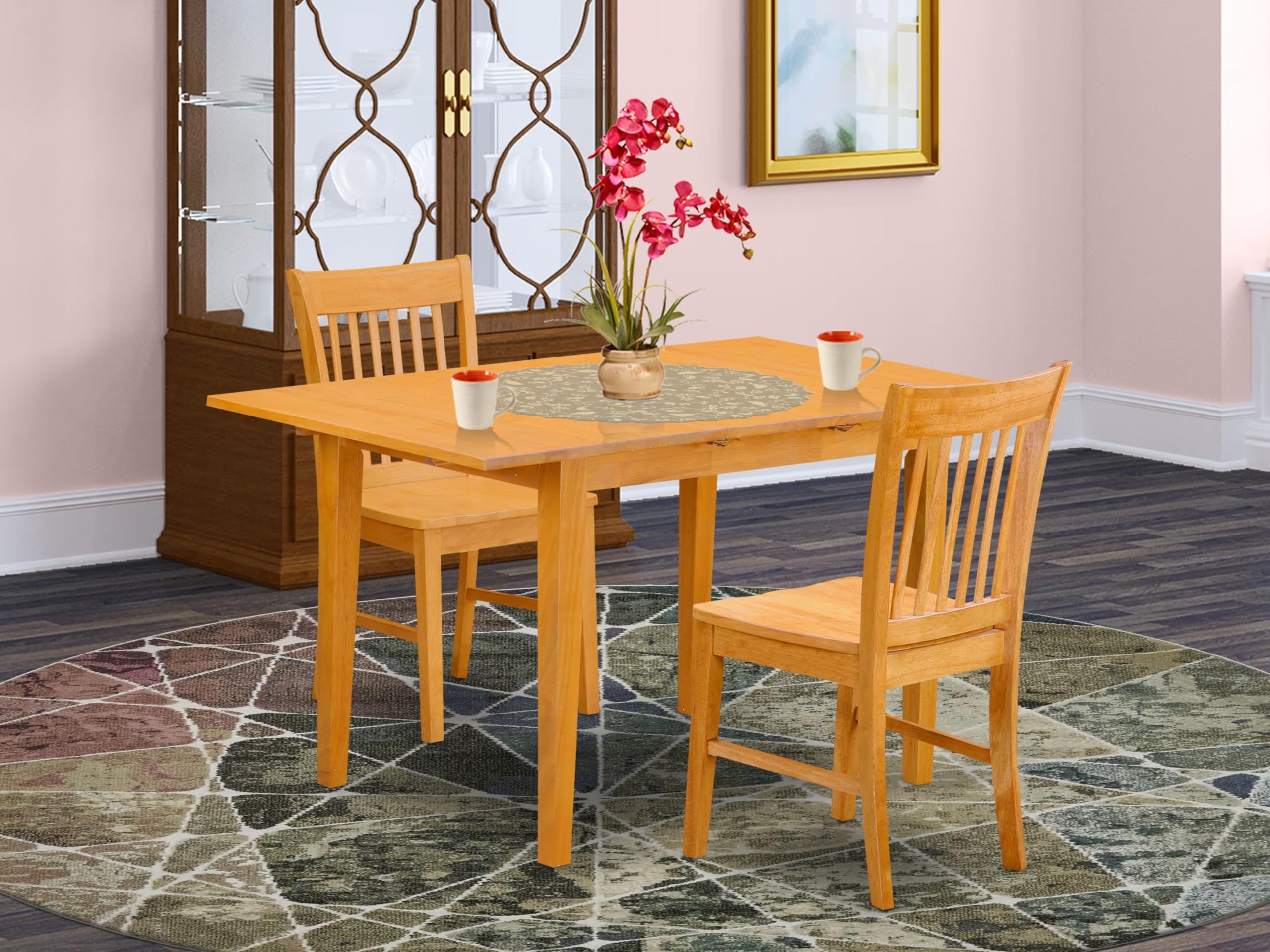 East West Furniture NOFK3-OAK-W 3 Piece Kitchen Table & Chairs Set Contains a Rectangle Dining Table with Butterfly Leaf and 2 Dining Room Chairs, 32x54 Inch, Oak