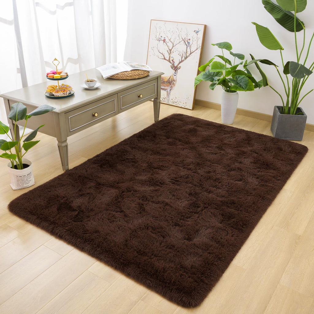Detum Bedroom Rug Coffee 4X6 Fluffy Area Rugs For Bedroom Soft Living Room Rug Large Area Rug Washable And Nonslip Carpets Moder