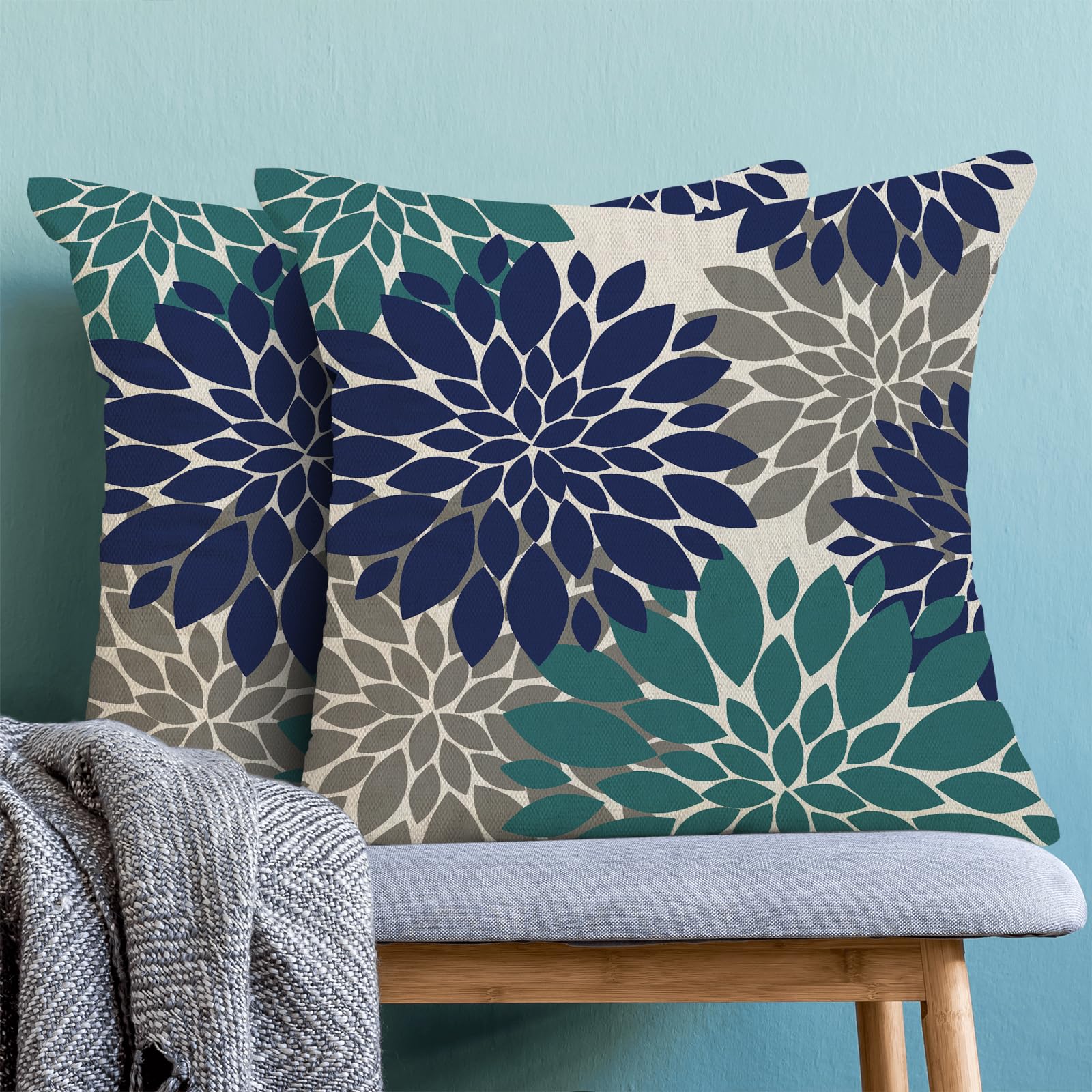 Cxmeifly Navy Blue Summer Outdoor Pillow Covers 18X18 Inch Set Of 2 Aqua Teal Grey Dahlia Floral Decor Throw Pillows Modern Geom