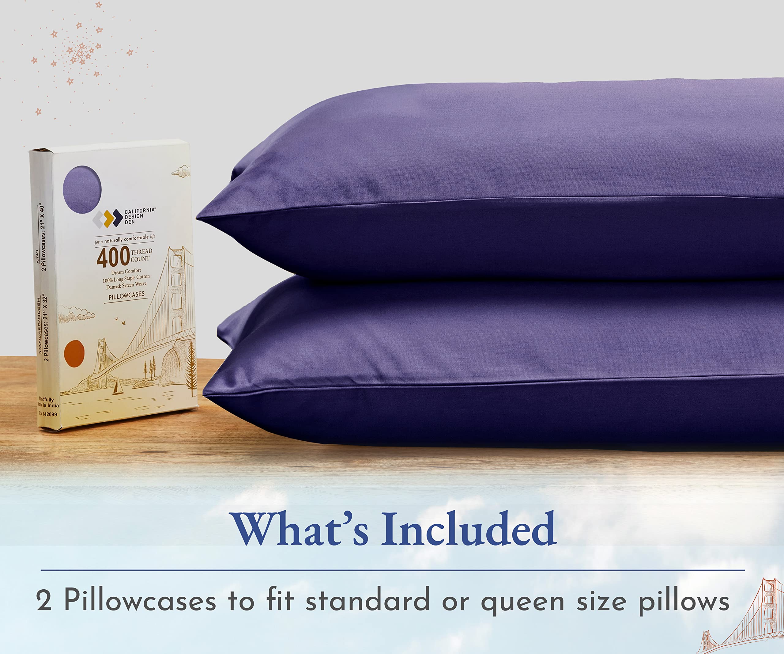 Standard Queen Size Pillowcase Set - 400 Thread Count, 100% Cotton Sateen, Set Of 2 Pillow Covers, Breathable, Cooling, Extra Soft Pillowcases For Kids, Teens, Women & Men - Dark Purple