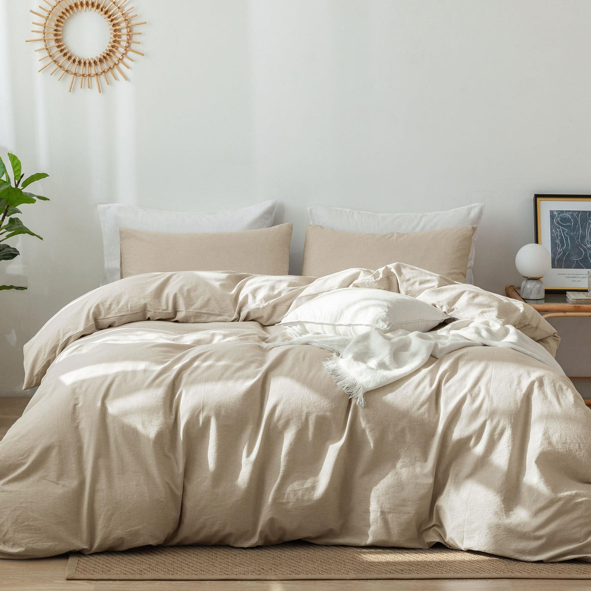 Moomee Bedding Duvet Cover Set 100% Washed Cotton Linen Like Textured Breathable Durable Soft Comfy (Almond Milk Grey, King)