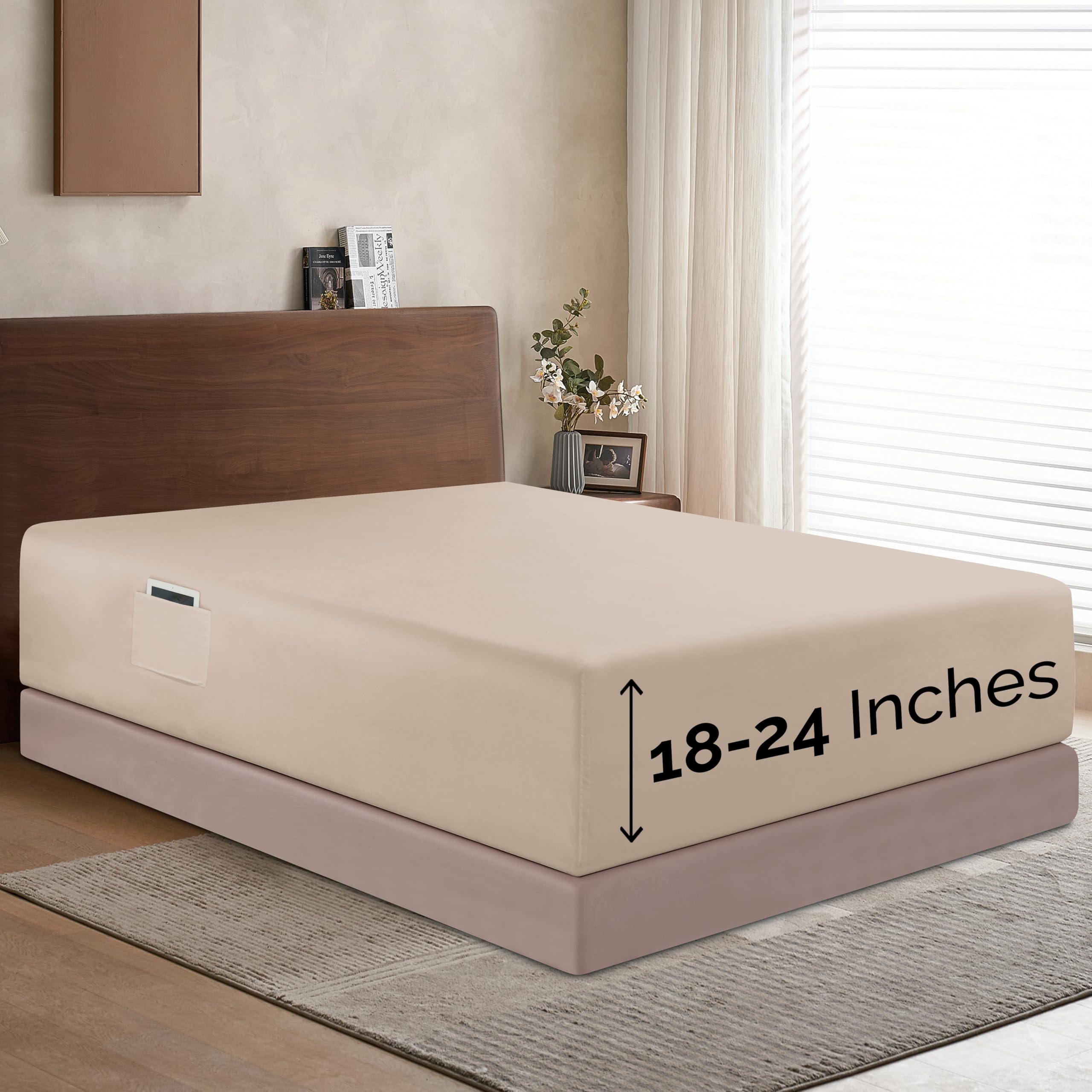 Elegant Comfort 1500 Premium Hotel Quality 18-24 Inches Deep - Extra Deep Pocket Single Fitted Sheet For High Mattress, Luxury And Softest, Smart Pocket - Wrinkle Free, California King, Cream