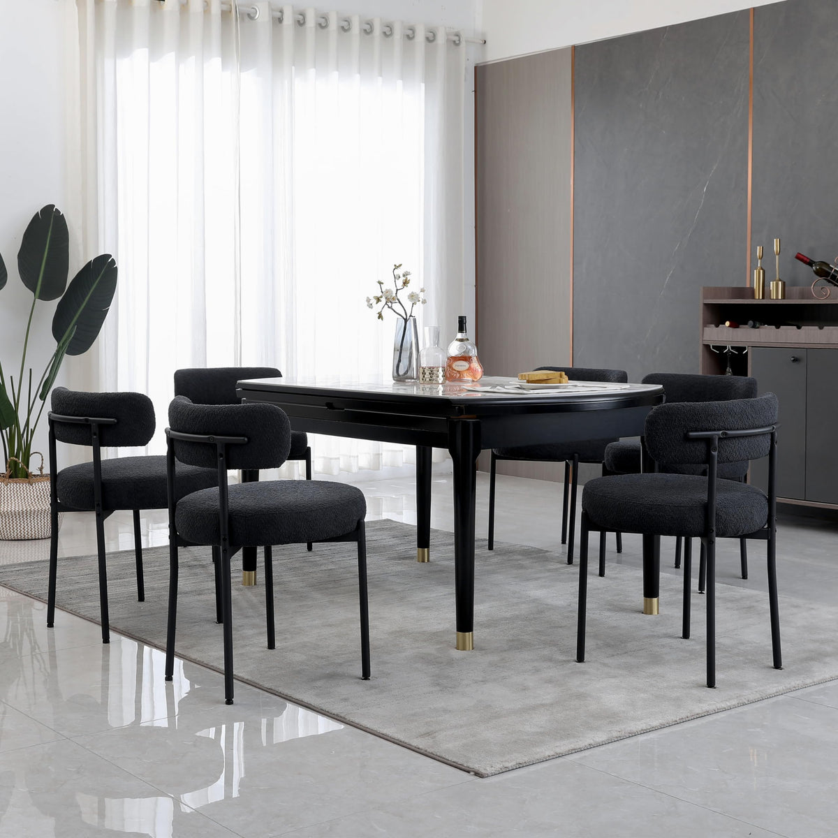 Aisall Black Dining Chairs Set Of 6, Boucle Dining Room Chairs Mid-Century Modern Kitchen Chairs With Curved Backrest And Black
