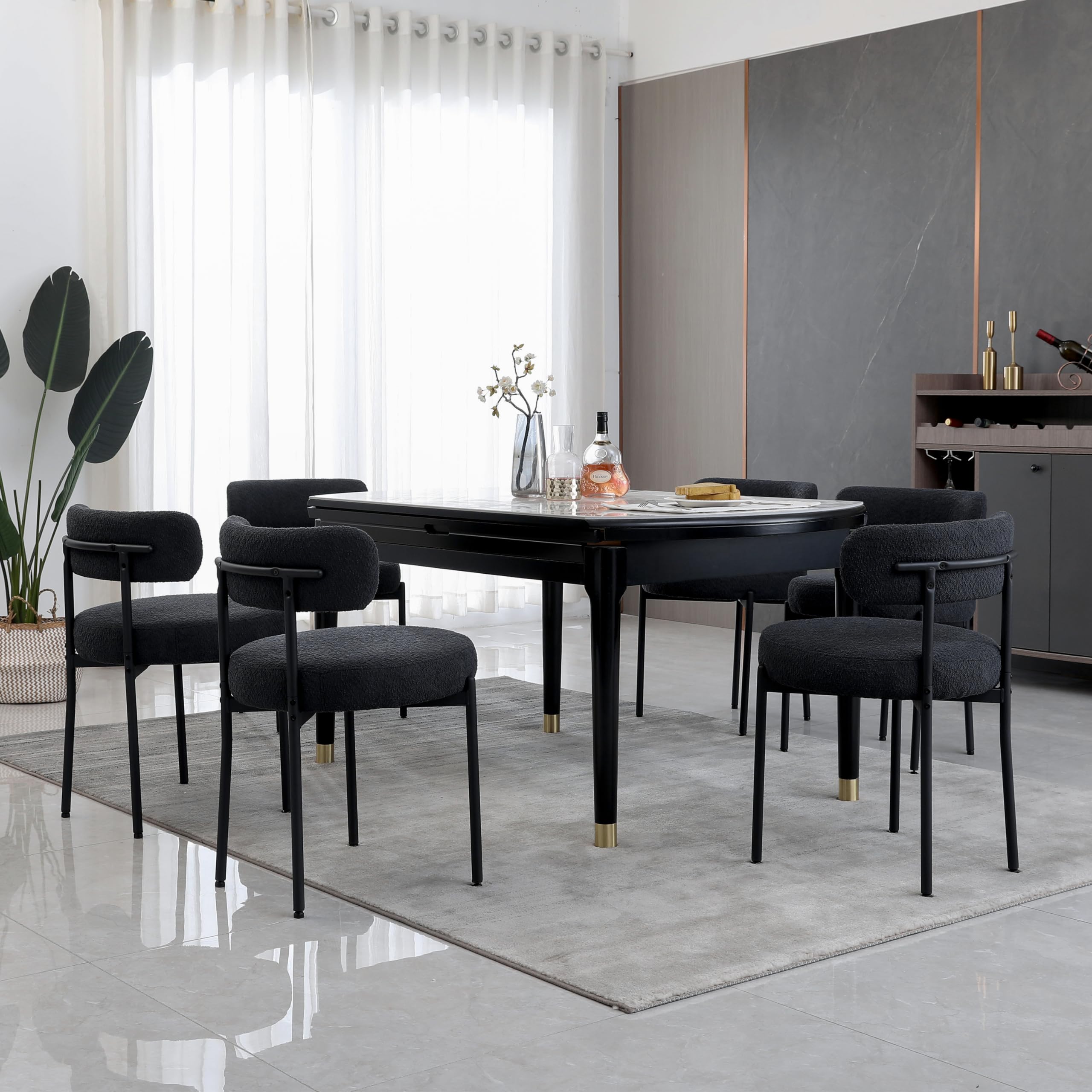 Aisall Black Dining Chairs Set Of 6, Boucle Dining Room Chairs Mid-Century Modern Kitchen Chairs With Curved Backrest And Black