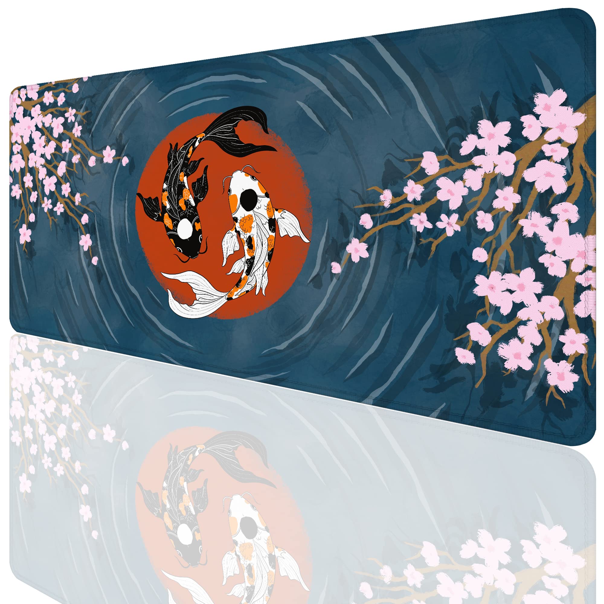 Desk Pad,Oriental Yin Yang Koi Cherry Blossom Desk Mat Extended Large For Office Work & Game,Non-Slip Rubber Base And Stitched E