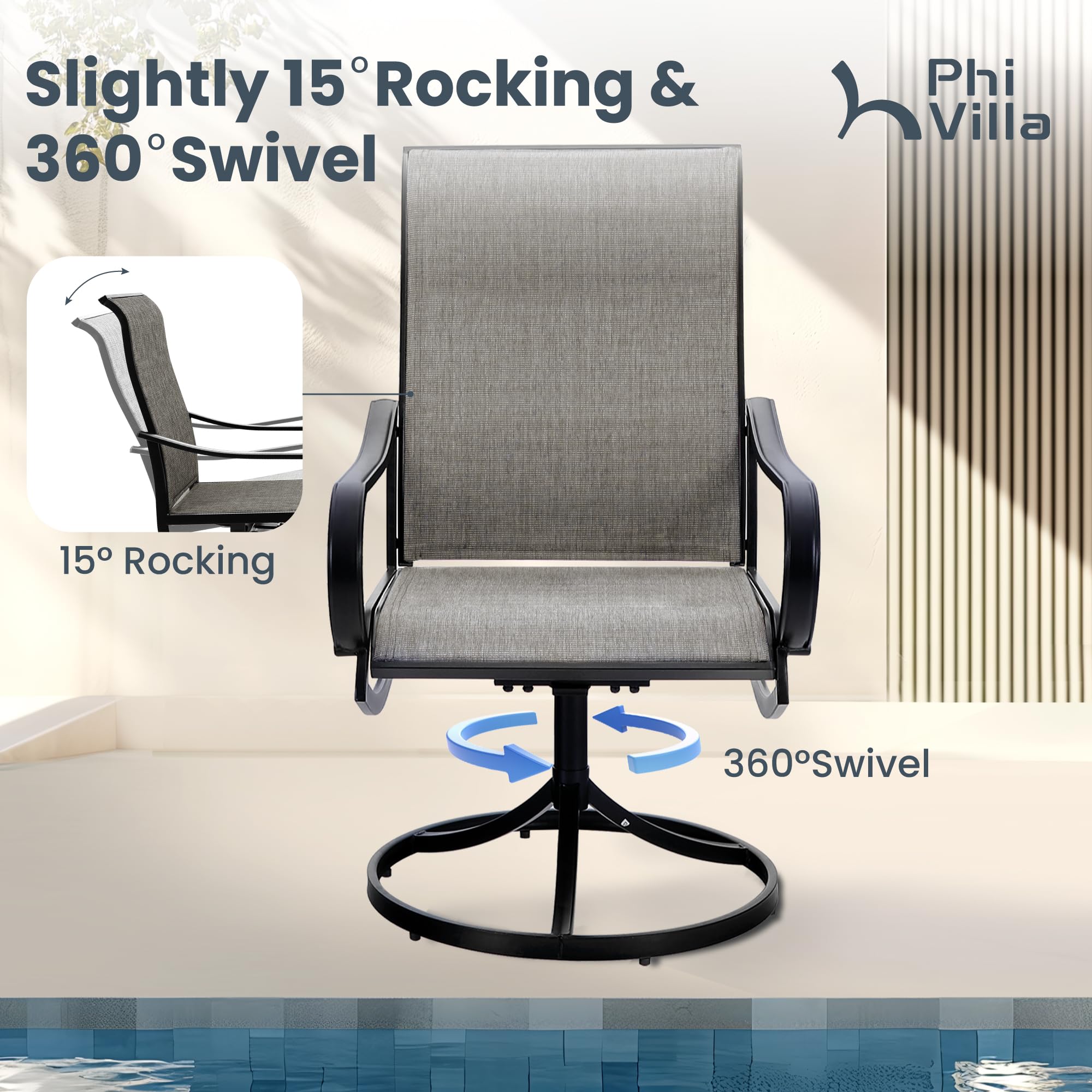 Phi Villa Patio Swivel Dining Chairs Set Of 6 Outdoor Metal Chair With Textilene Mesh Fabric, Patio Gentle Rocker Chair, Black Frame For Patio Deck Garden