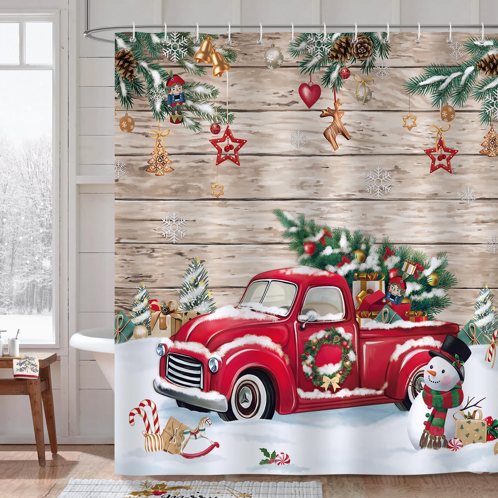 Bonhause Christmas Red Truck Shower Curtain Xmas Tree Winter Snowman Farmhouse Decorative Bath Curtain 72 x 72 Inch Polyester Wa