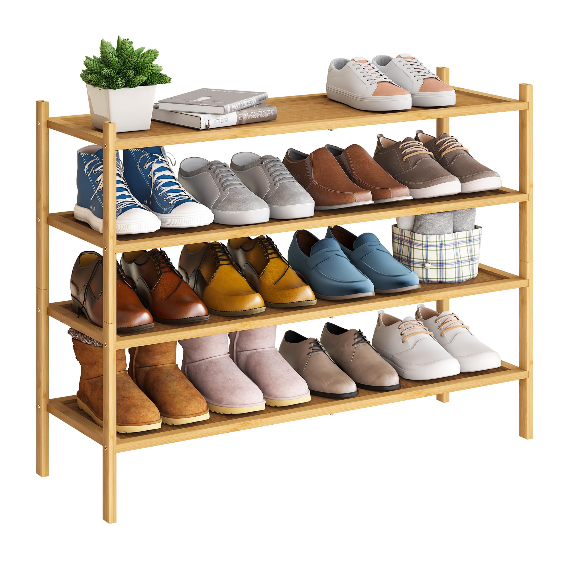 Bmosu 4-Tier Bamboo Extended Shoe Rack Premium Stackable Shoe Shelf Storage Organizer For Hallway Closet Living Room Entryway Organizer(Natural)