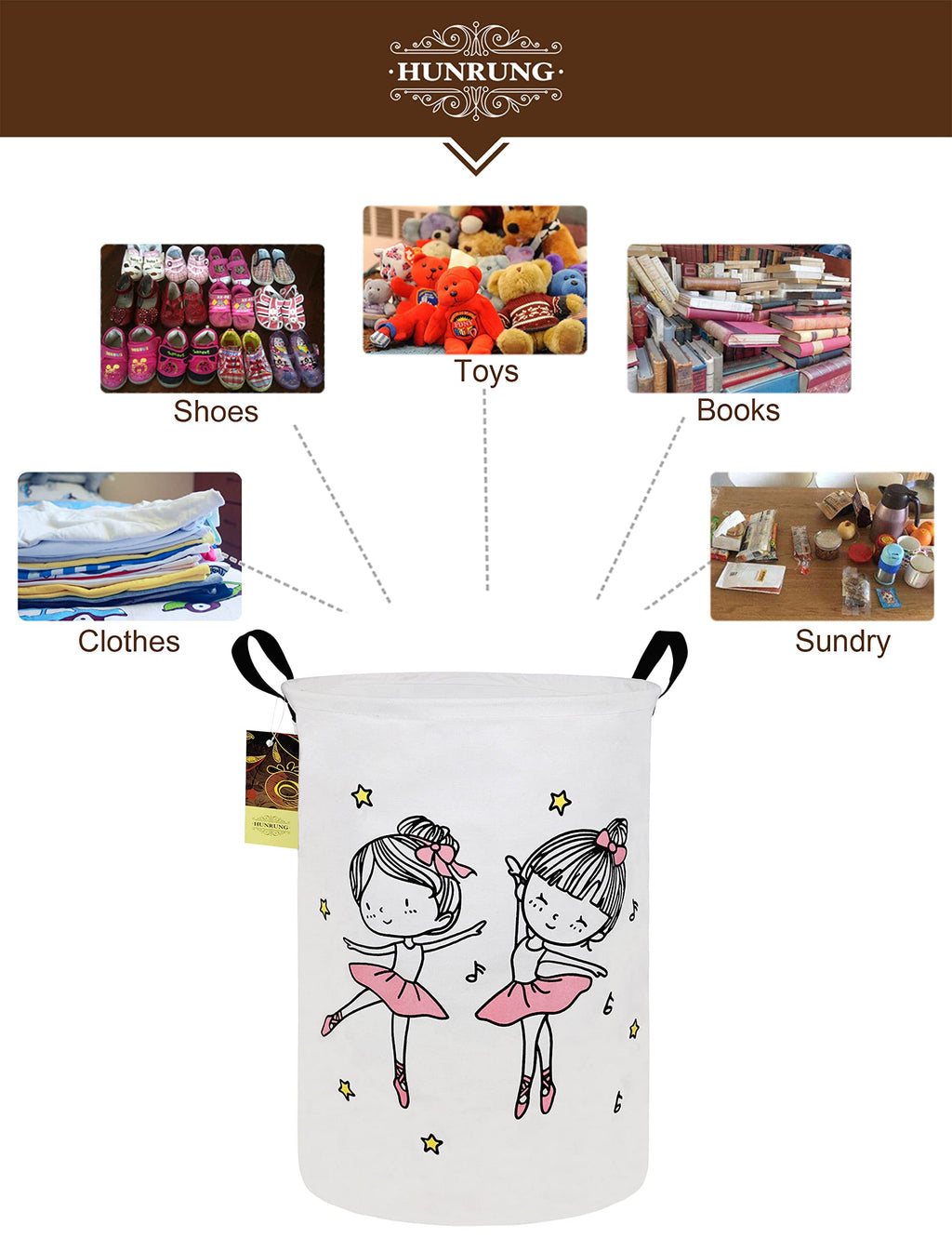 Hunrung Laundry Hamper,Large Canvas Fabric Lightweight Storage Basket Toy Organizer Dirty Clothes Collapsible Waterproof For College Dorms, Children Bedroom,Bathroom(Round-Dancing Girl)